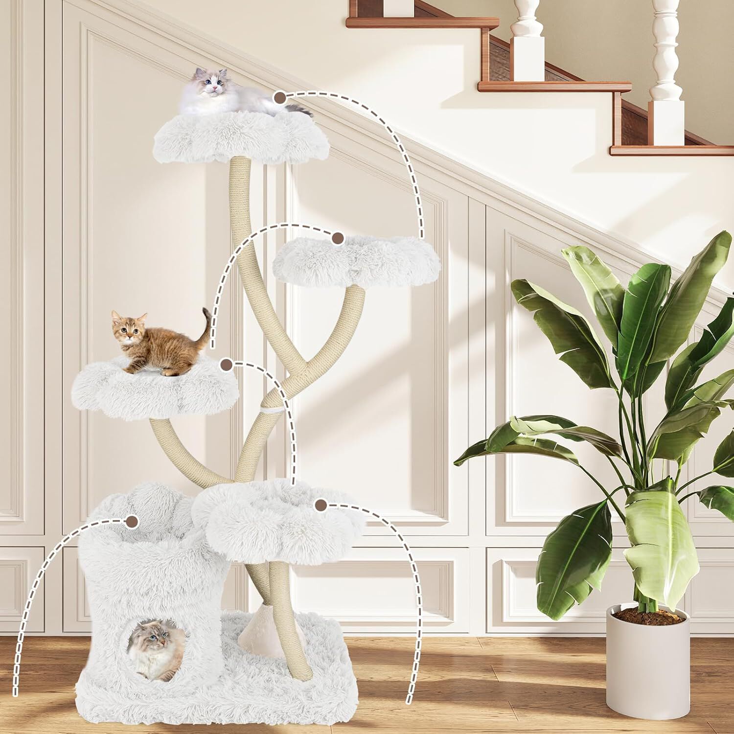 COSTWAY &Aacute;rbol Rascador para Gatos, &Aacute;rbol para Gatos Multinivel con 4 Plataformas en Forma de Flor, Postes de Rascado de Sisal, Condominio Privado, Mueble de Escalada para Gatos de Interior (Blanco), , large Imagen numero 5