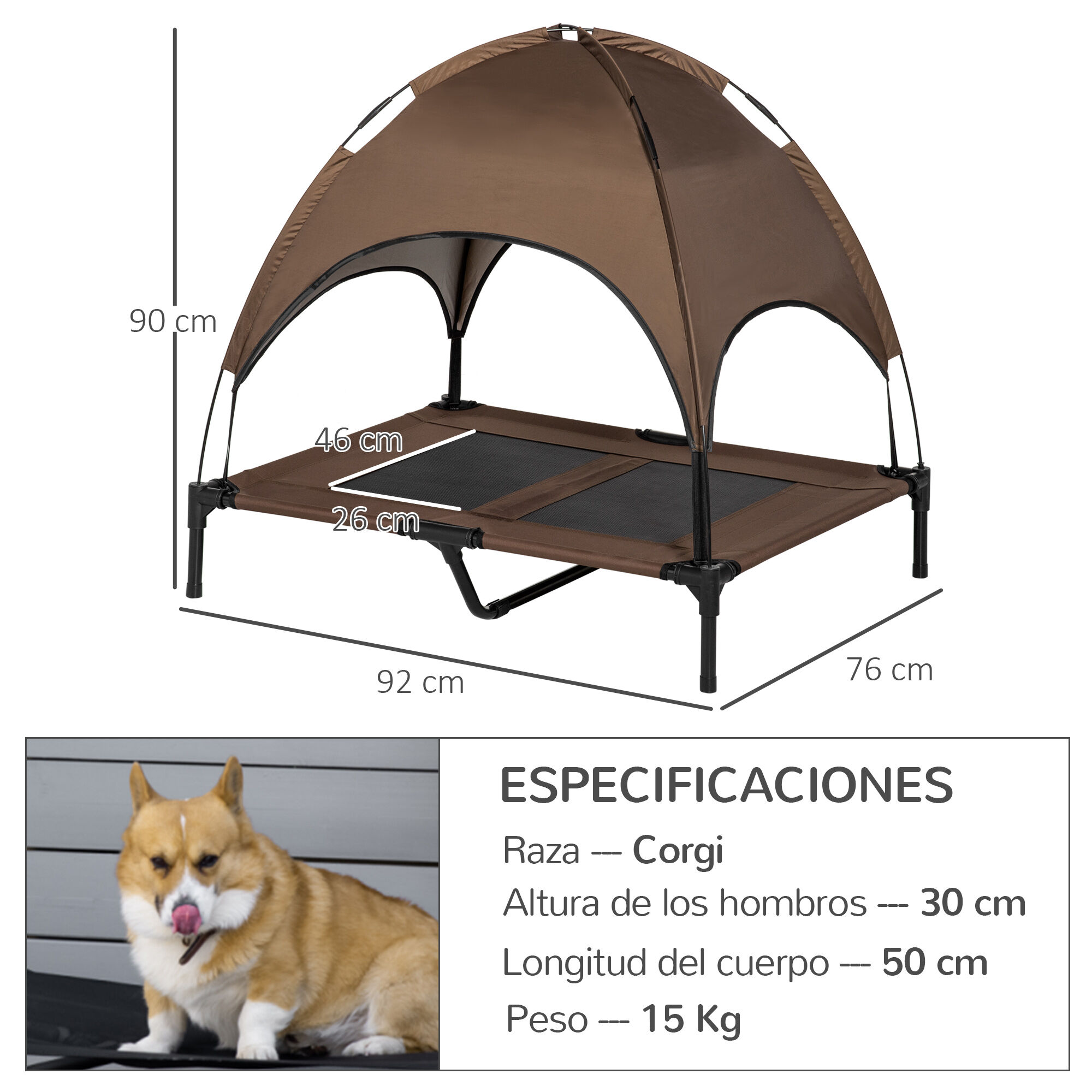 PawHut Cama con Parasol Elevada marrón para perros y gatos thumbnail