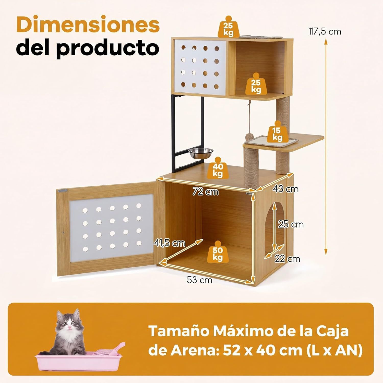 COSTWAY &Aacute;rbol Rascador para Gatos, Torre para Gatos de de M&uacute;ltiples Niveles con Postes Rascadores de Sisal, Condo, Zona de Alimentaci&oacute;n y Bola Colgante y Recinto para Caja de Arena, 117,5 cm (Natural), , large Imagen numero 5