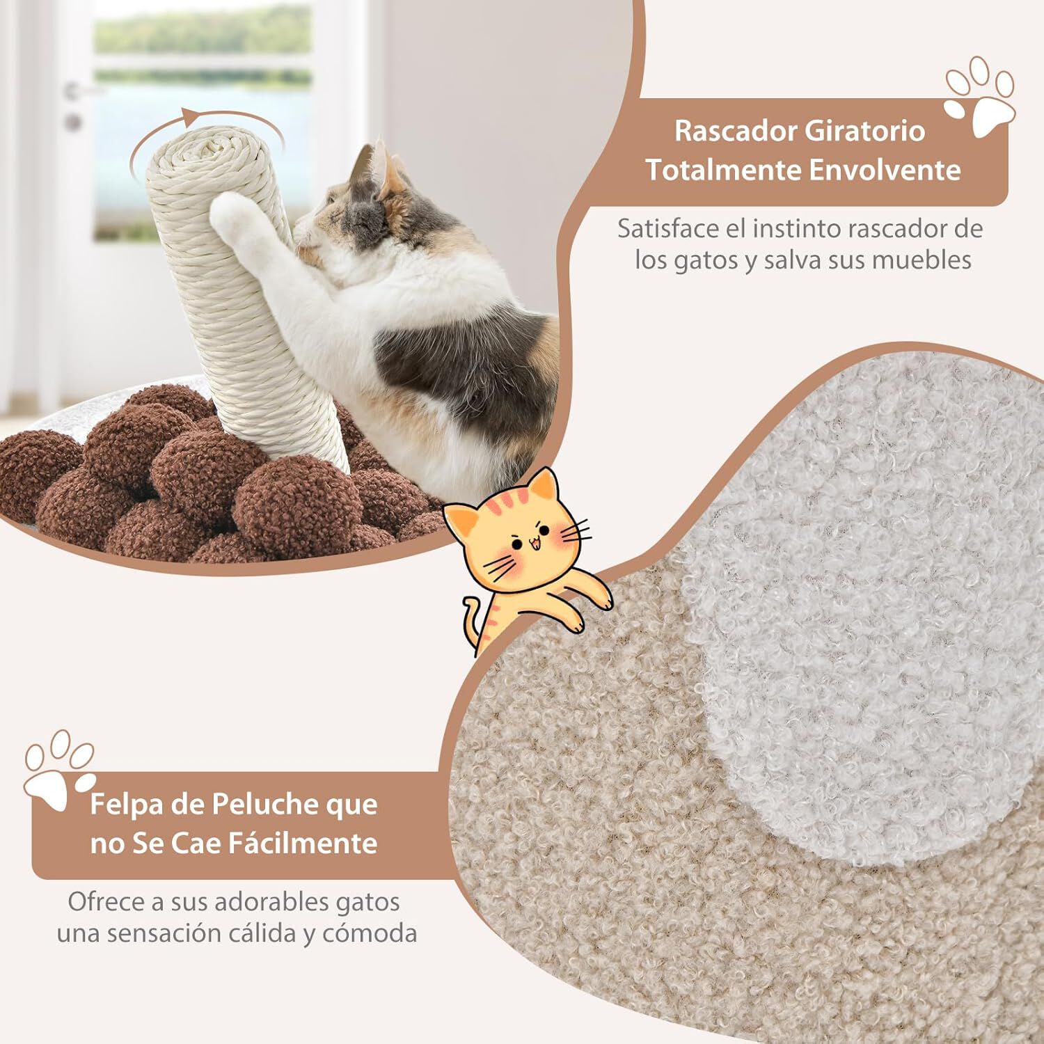 COSTWAY Torre de &Aacute;rbol para Gatos en Forma de T&eacute; de Burbujas, Condominio para Gatos, Cueva para Gatos con Rascador de Sisal y Bola Colgante (Caf&eacute; y Beige), , large Imagen numero 4