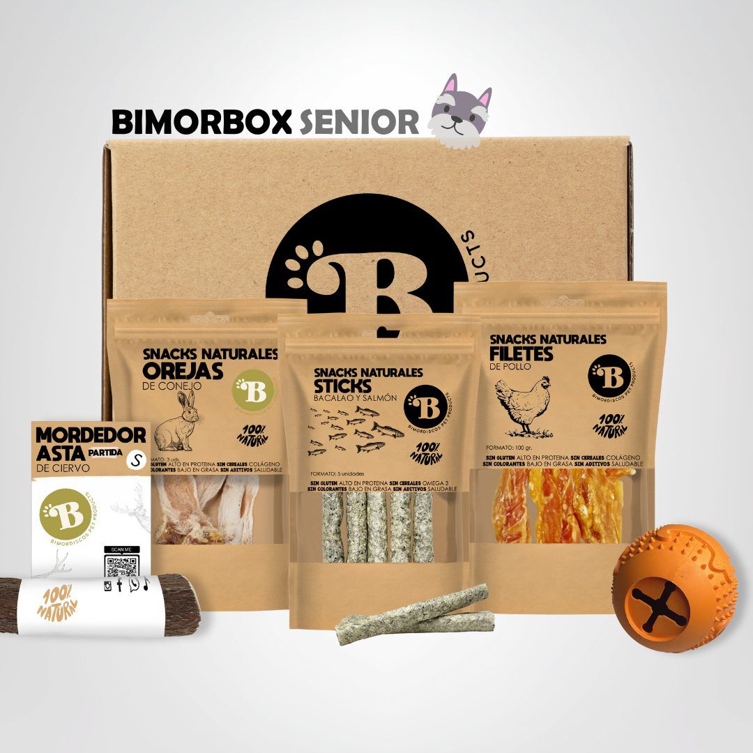 BIMORBOX Perros Senior Peque&ntilde;os &ndash; Pack Ahorro con Pelota, Mordedor de Asta de Ciervo y Snacks Sin Aditivos, , large Imagen numero 1