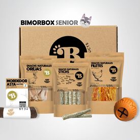 BIMORBOX Perros Senior Pequeños – Pack Ahorro con Pelota, Mordedor de Asta de Ciervo y Snacks Sin Aditivos