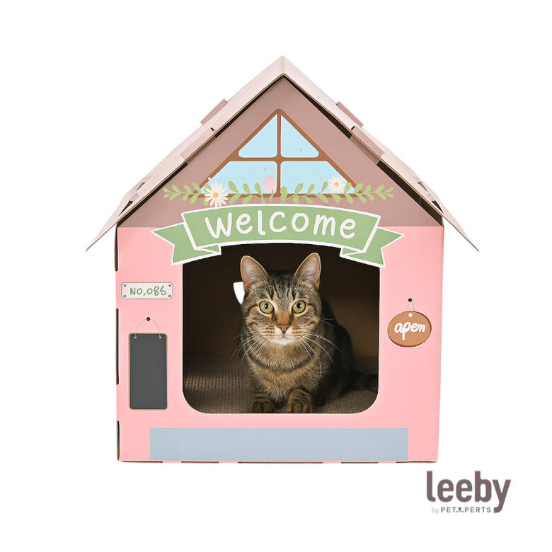 Leeby Hattie casita rascador de cartón rosa para gatos thumbnail