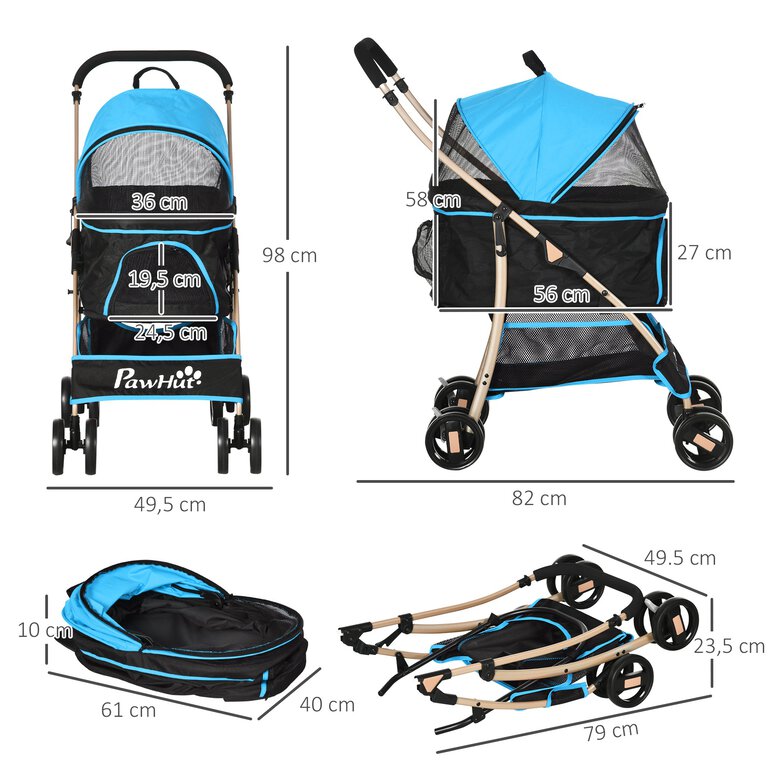PawHut 3 en 1 Cochecito para Mascotas Carrito para Perros y Gatos Desmontable Bolsa de Transporte Plegable con Cesta de Almacenaje y Frenos Tela Oxford 600D Carga 15 kg 82x49,5x98 cm Azul., , large image number null