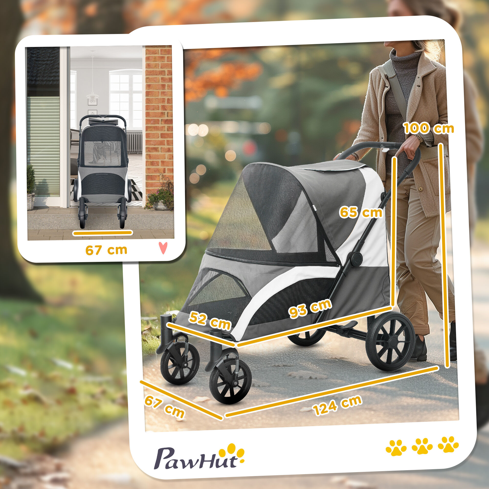 PawHut Carrito para Perros Plegable Cochecito para Perros Grandes hasta 30 kg con Ruedas Grandes Correas de Seguridad Marco Amortiguador Coj&iacute;n Lavable 124x67x100 cm, Gris Oscuro, , large Imagen numero 3