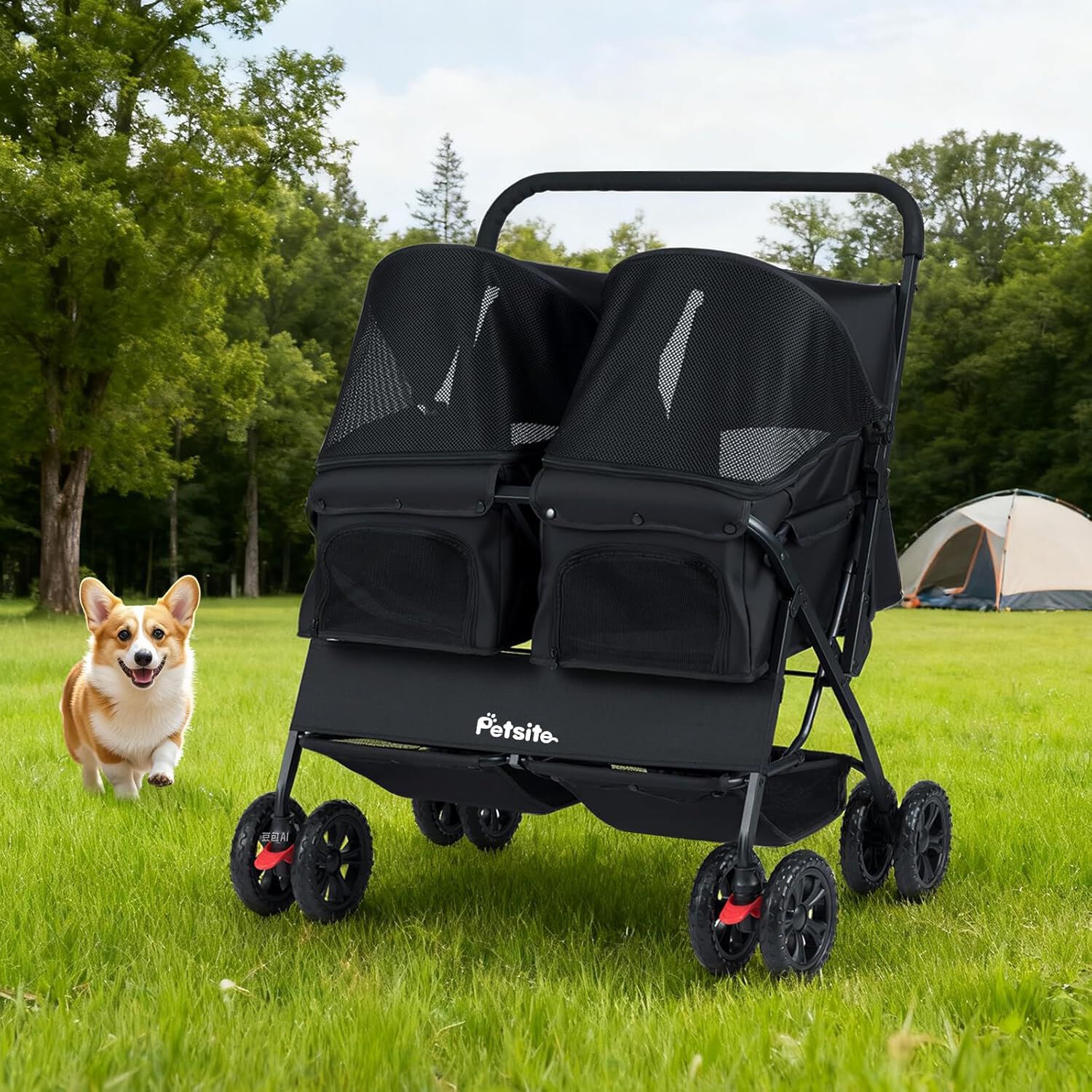 COSTWAY Carrito para Perros Doble, Cochecito Plegable para Perros con 2 Portabeb&eacute;s, Sombrilla Ajustable, Almohadilla Extra&iacute;ble, Cintur&oacute;n de Seguridad, Cesta, Carro Mascotas, Carga 12 kg uno (Negro), , large Imagen numero 3