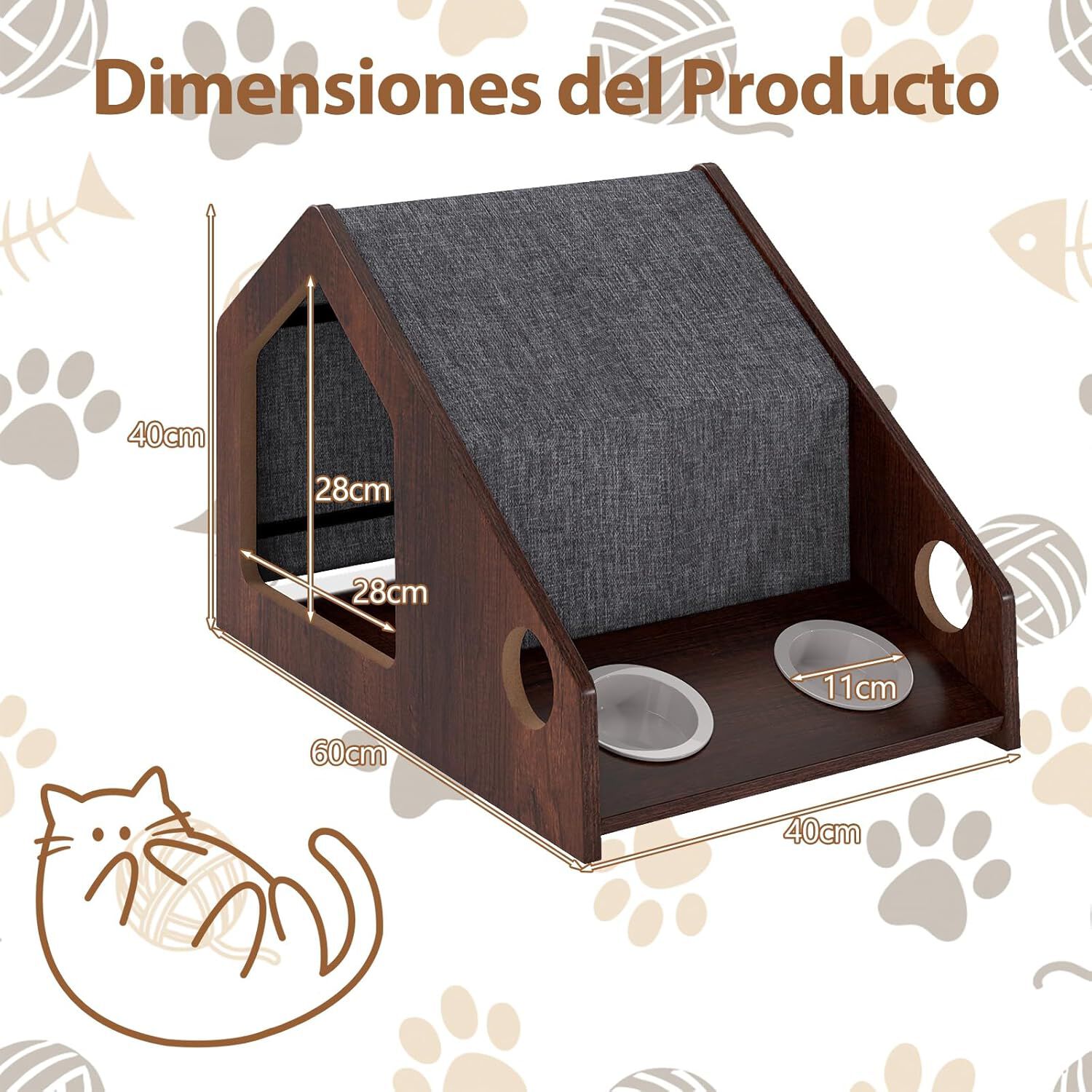 COSTWAY Casa para Gatos de Madera para Interior, 60x40x40 cmCaseta para Gatos con Comedero, Techo Desmontable y Lavable, Estructura Met&aacute;lica, Villa de Estilo de Granja, Refugio Decorativo para Gatitos, , large Imagen numero 5