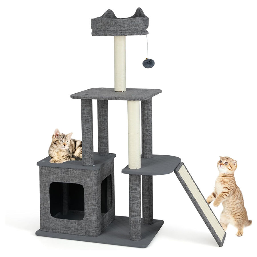 COSTWAY Rascador para Gatos, Arbol Rascador para Gatos de 3 Niveles con 2 Postes y Rampa Rascadores, Cama Superior, Pelota Colgante y Plataformas de Salto, Centro de Actividades de Gatos, , large Imagen numero 1