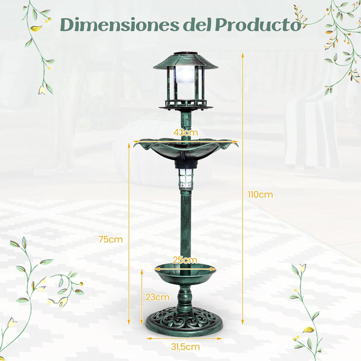 COSTWAY Comedero de Pájaros Exterior con 2 Luces LED Solares y Macetero de Flores verde cobre para aves thumbnail