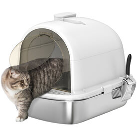 PawHut Arenero para Gatos de Acero Inoxidable con Cubierto Caja de Arena para Gatos Arenero con Bolsa Desodorizante Pala Fácil de Limpiar 52,4x41,3x39,9 cm Blanco