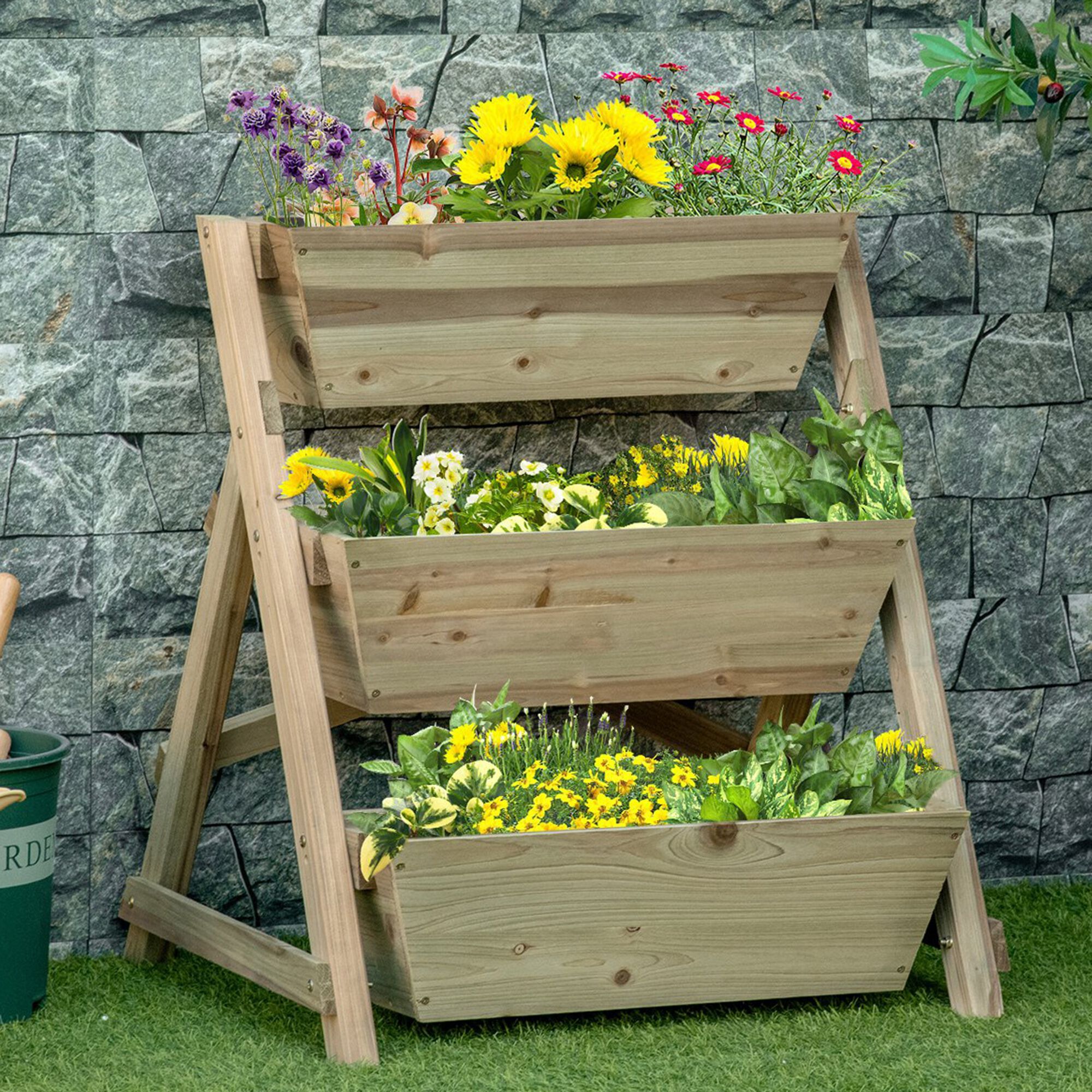 Outsunny Jardinera de Escalera de 3 Niveles Maceteros de Madera Jardinera Vertical con Tela no Tejida y Orificios de Drenaje Huerto Urbano para Plantas Macetas Flores Jard&iacute;n 71x61x77 cm Natural, , large Imagen numero 2