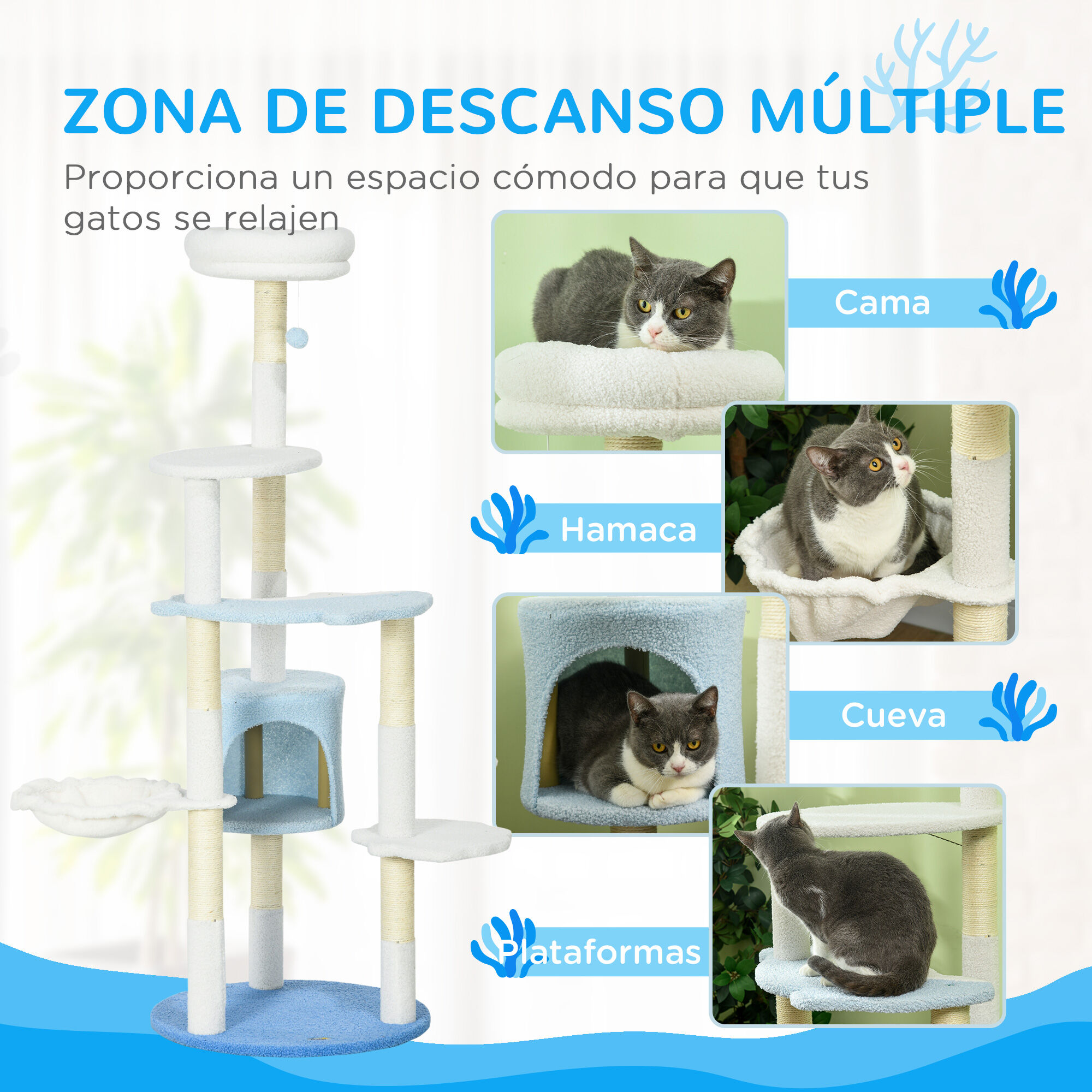 PawHut &Aacute;rbol Rascador para Gatos Grandes de 155 cm Torre para Gatos de Interior con Postes de Sisal Cueva Cama Hamaca y Bola de Juguete &Oslash;54,5x155 cm Blanco y Azul, , large Imagen numero 5