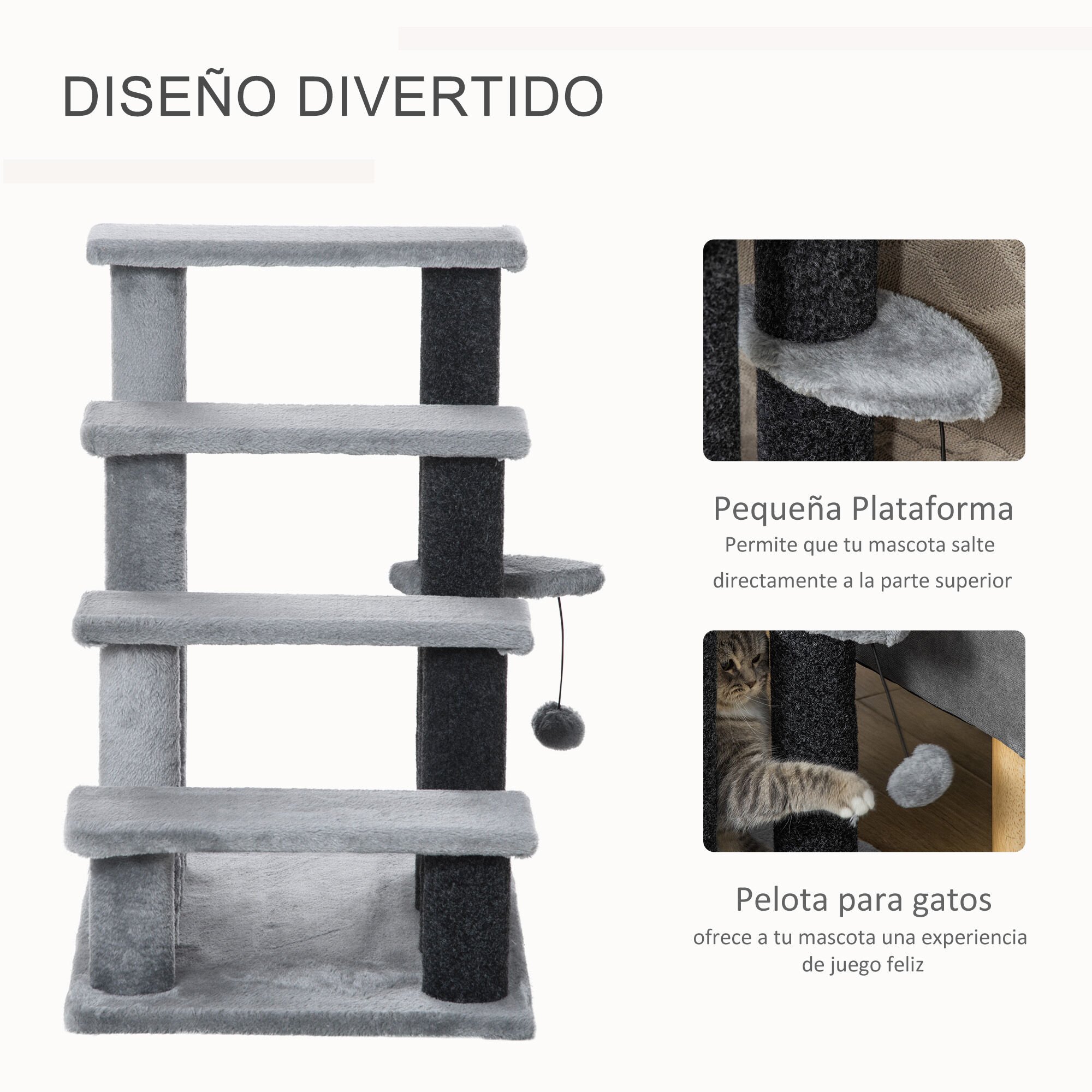 PawHut Escaleras para Gatos de 4 Escalones Escaleras para Mascotas &Aacute;rbol Rascador para Gatos Peque&ntilde;o con Poste Rascador Bola Colgante 60x40x64 cm Gris, , large Imagen numero 5