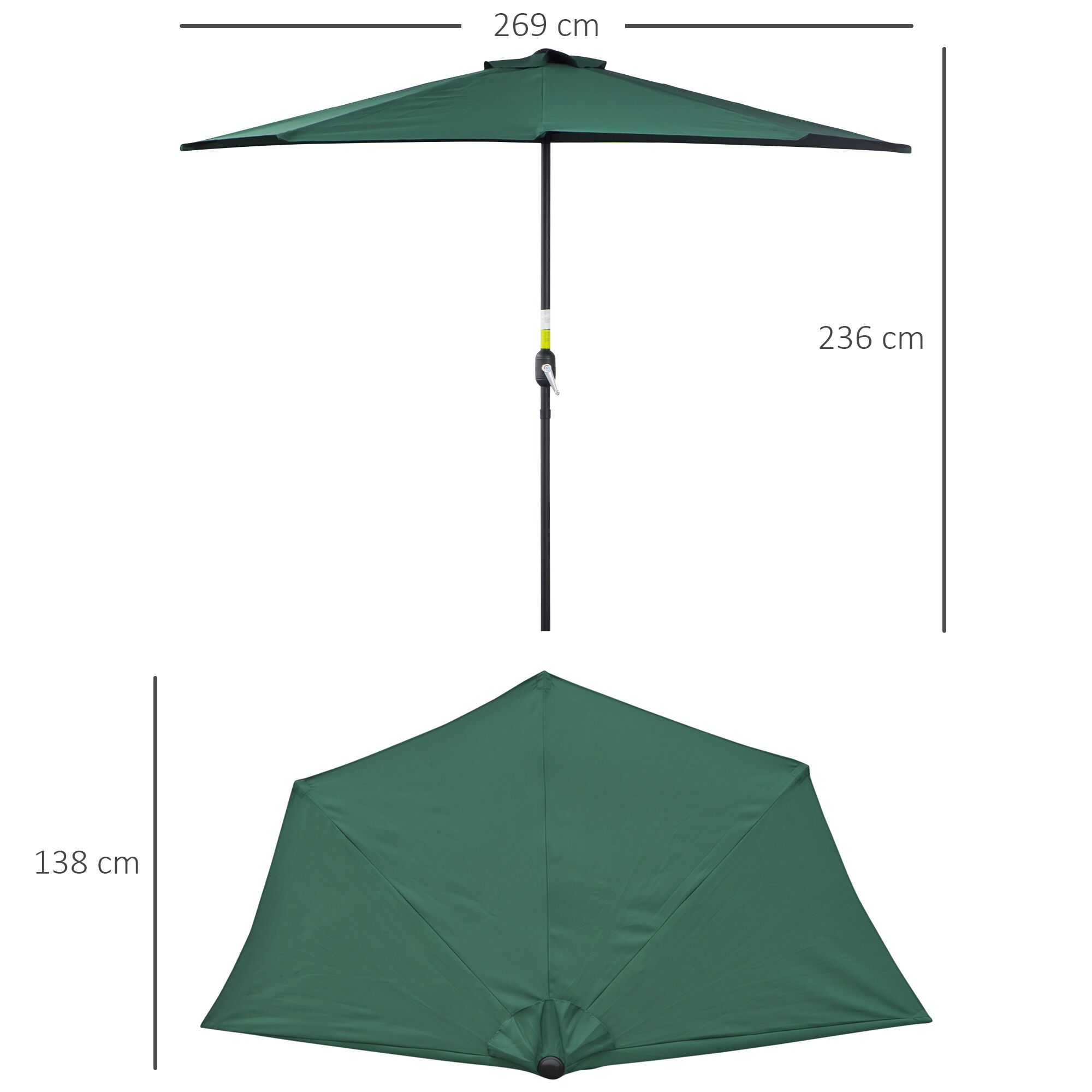 Outsunny Sombrilla 269x138x236 cm Parasol de Jard&iacute;n con Manivela y Forma Semicircular para Exterior Terraza Patio Piscina Verde, , large Imagen numero 3