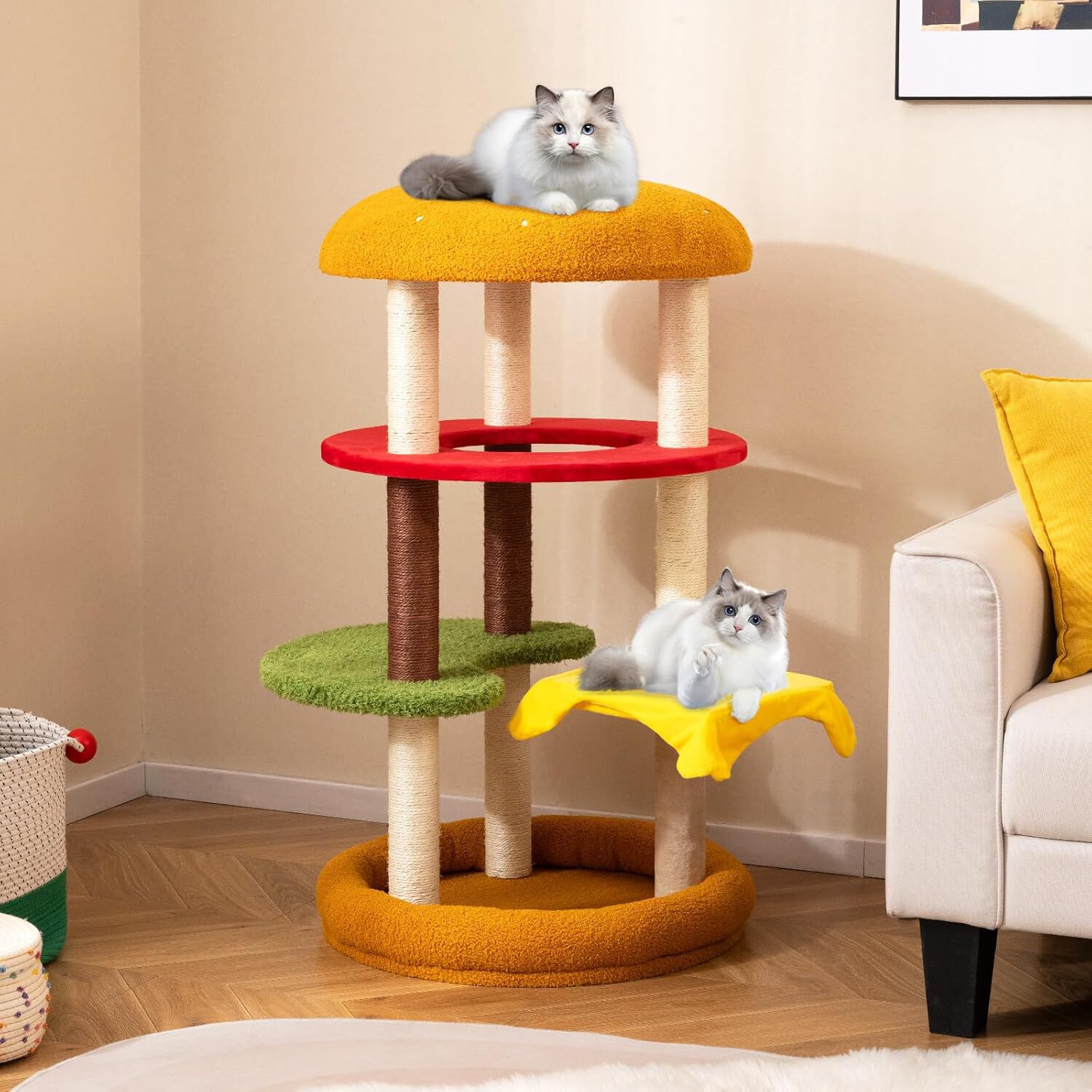 COSTWAY &Aacute;rbol Rascador para Gatos Moderno, 106 cm &Aacute;rbol para Gatos en Forma de Hamburguesa con Percha Acolchada, Cama Amplia, Postes Rascadores de Sisal, Cojines de Felpa, Torre para Gato Decorativo, , large Imagen numero 2