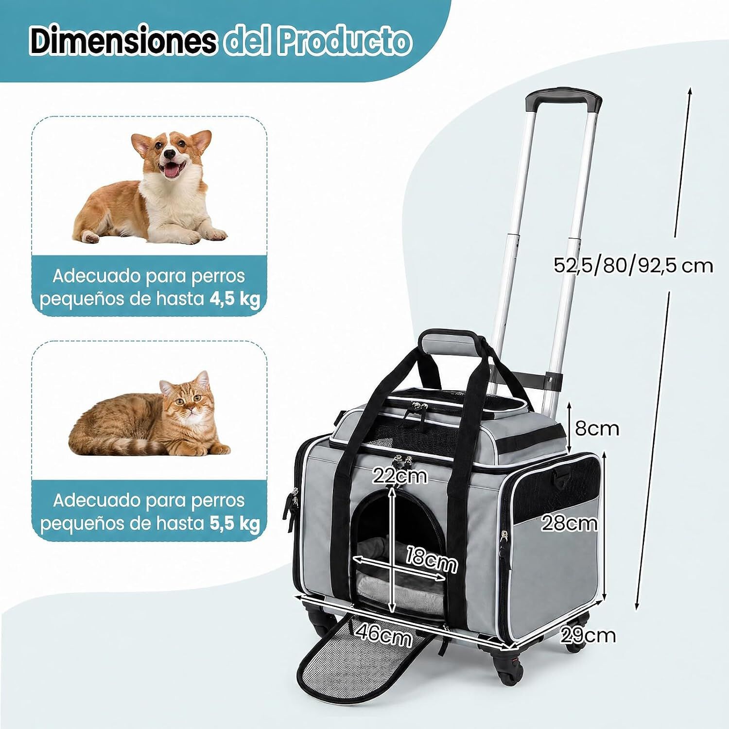 COSTWAY Transport&iacute;n para Mascotas con Ruedas y Asa Telesc&oacute;pica, Transportador para Perros y Gatos con Correa para Hombro, Alfombra Lavable, Ventanas Transpirables, Cremalleras, Gris, , large Imagen numero 3