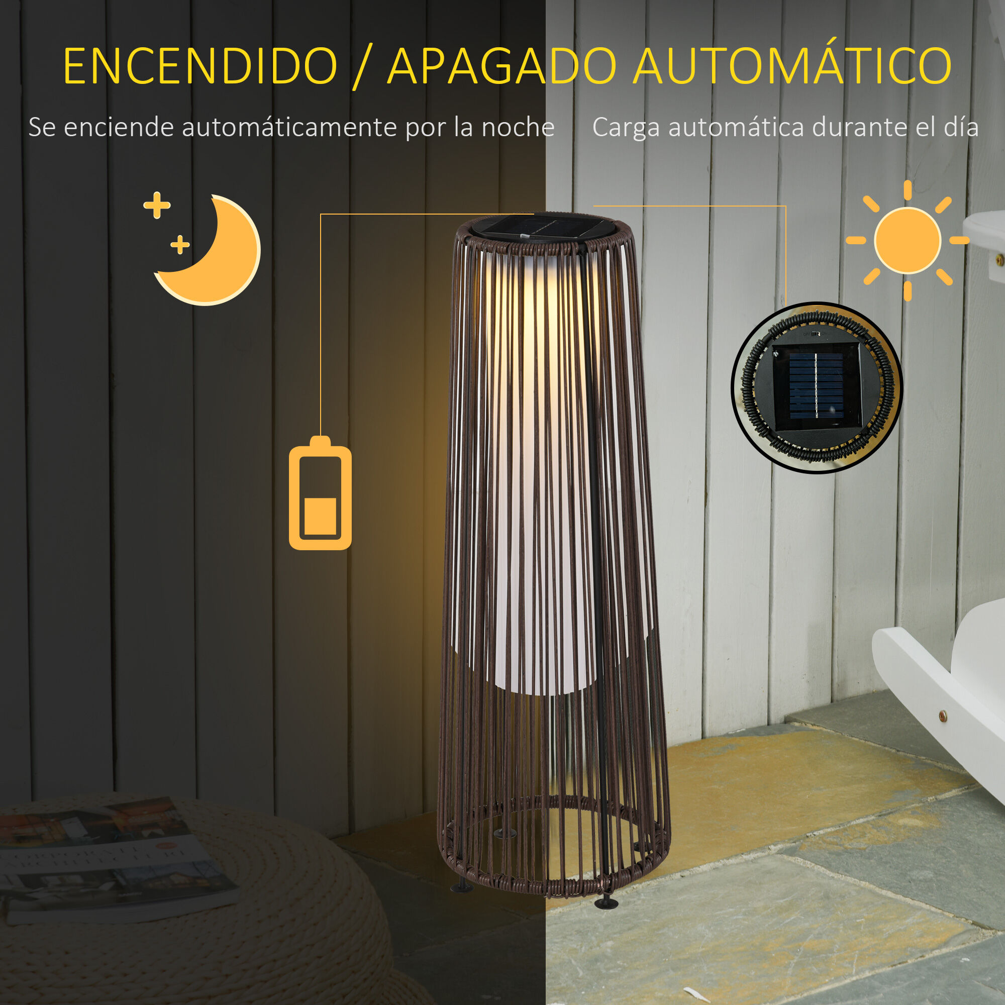 Outsunny L&aacute;mpara de Pie de Mimbre Rat&aacute;n de Energ&iacute;a Solar con LED 0,8 W Interruptor de Control de Luz Autom&aacute;tico Decoraci&oacute;n para Exterior &Oslash;21,5x61 cm Marr&oacute;n, , large Imagen numero 5