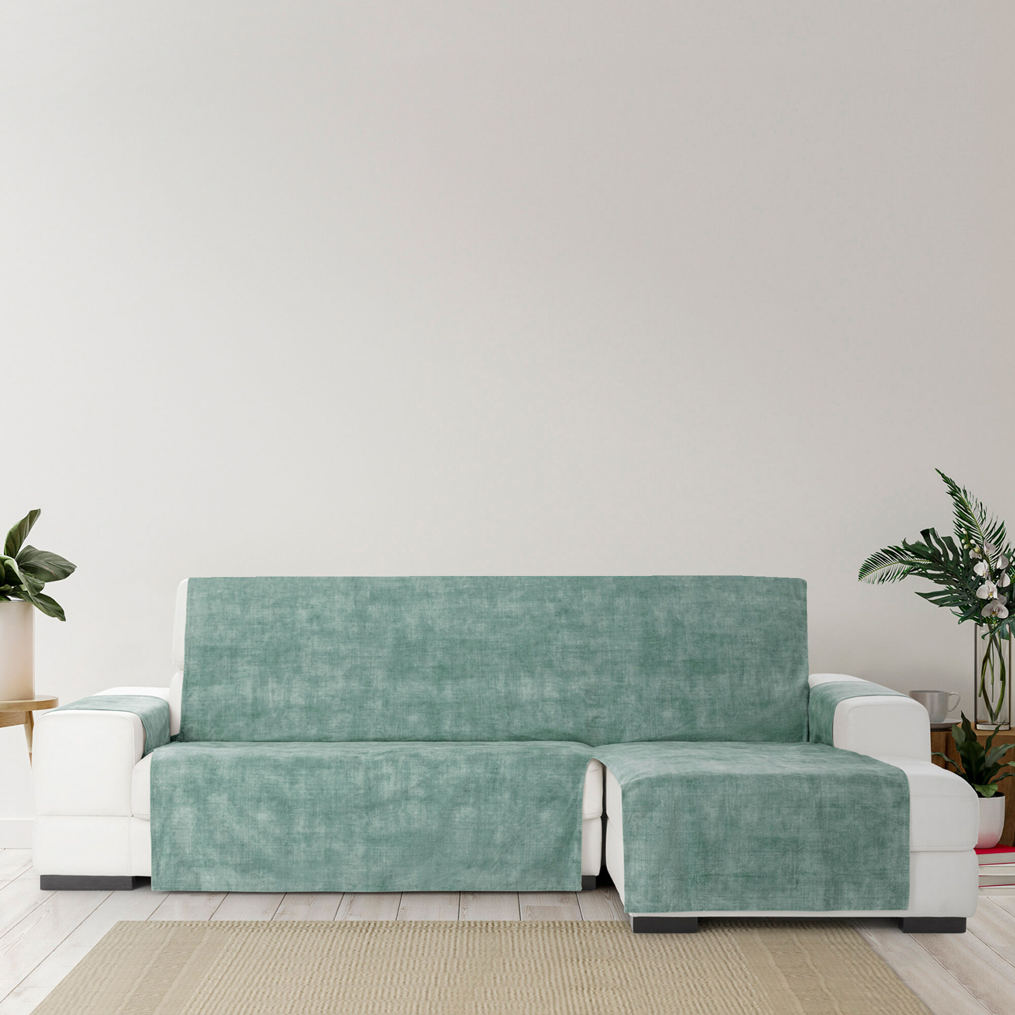 Cubre Sof&aacute; Protector Antimanchas acabado aterciopelado Verde Chaise Longue Derecho Extra 290 cm (300-350 cm), , large Imagen numero 3