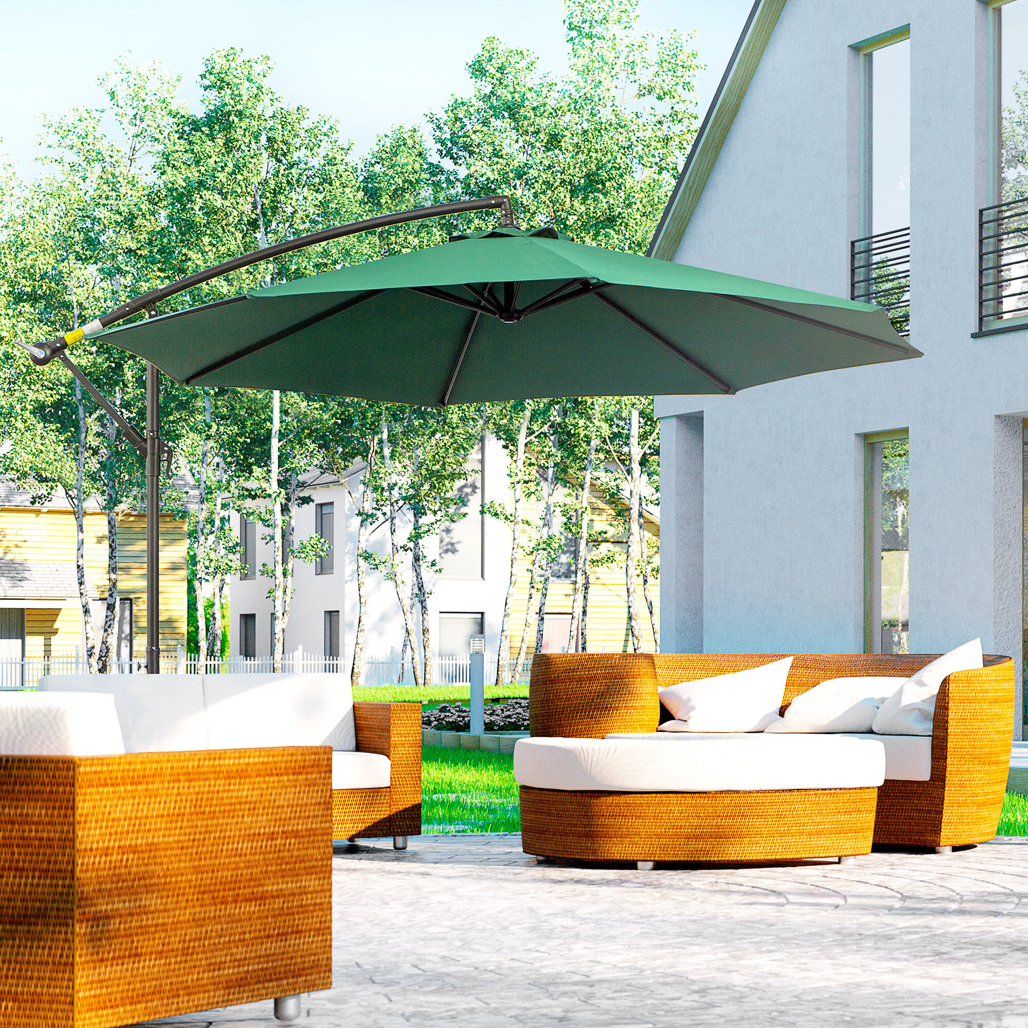 Outsunny Sombrilla de Jard&iacute;n &Oslash;300x250 cm Parasol Exc&eacute;ntrico Inclinable con Manivela Base Cruzada y Soporte de Acero Protecci&oacute;n Solar para Terraza Exterior Verde, , large Imagen numero 2