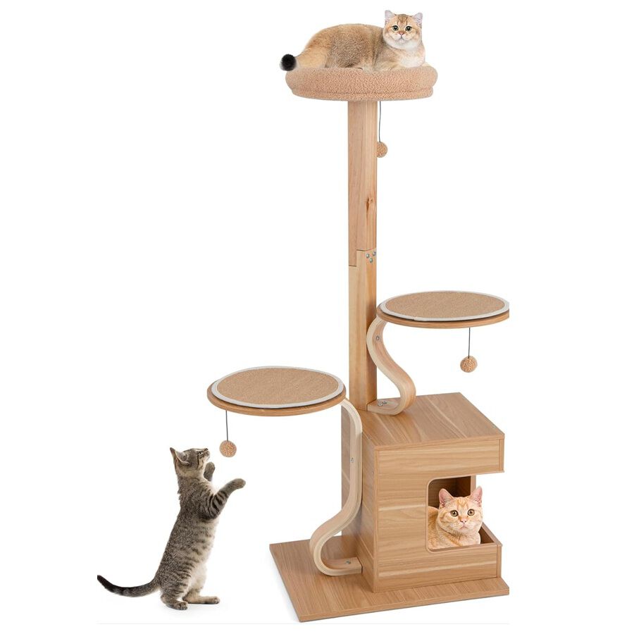 COSTWAY Rascador para Gatos de 129 cm, &Aacute;rbol para Gatos con Poste de Madera Maciza, Marco de Madera Contrachapada Curvada, Condominio, Percha, Cojines Lavables, Centro de Actividades de 4 Capas, , large Imagen numero 1