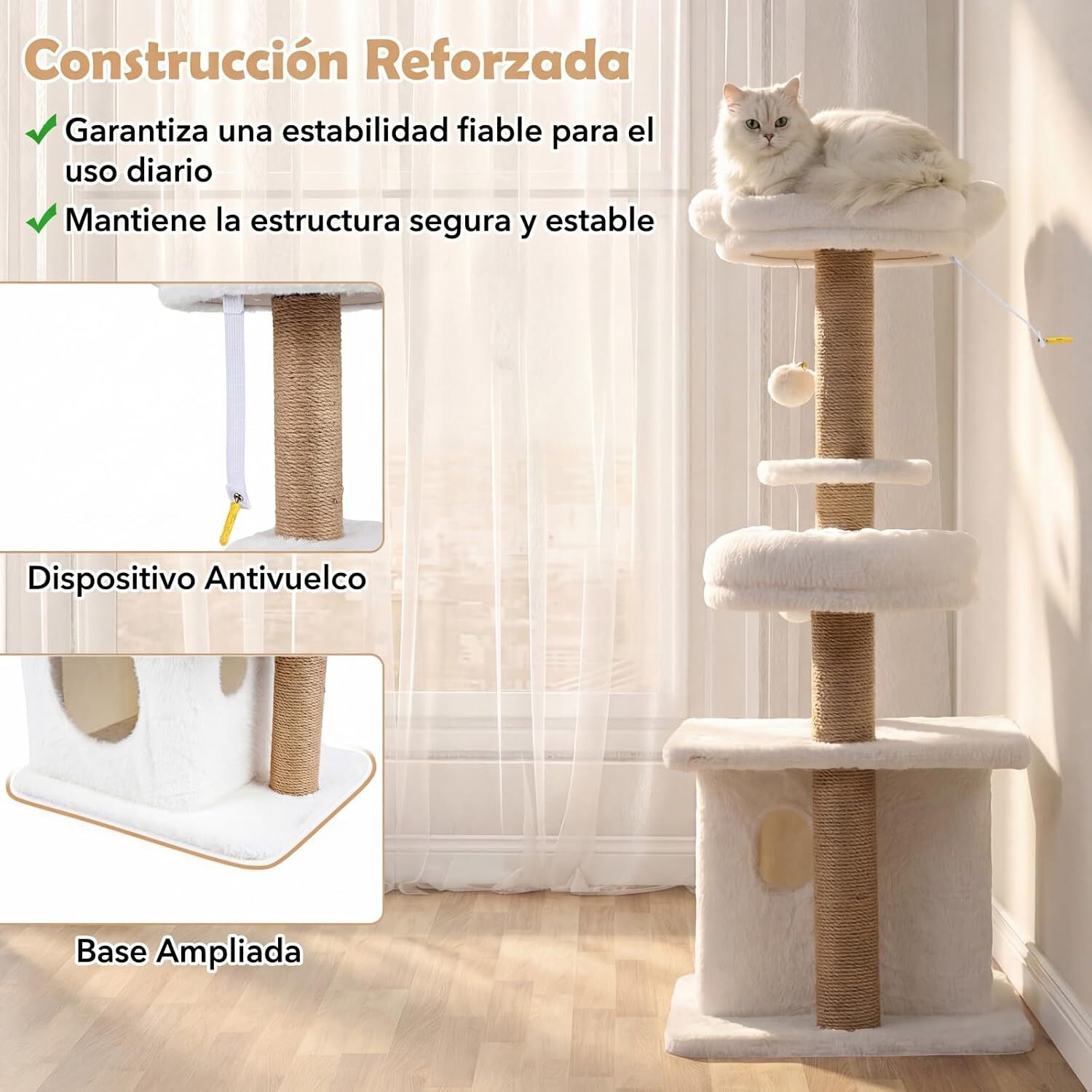 COSTWAY &Aacute;rbol Rascador para Gatos, Torre para Gatos con Percha Superior Acolchonada en Forma de Flor, Condominio y Cama, 2 Bolas Colgantes con Cascabel y Postes, Mueble Multinivel para Escalar (Beige), , large Imagen numero 3