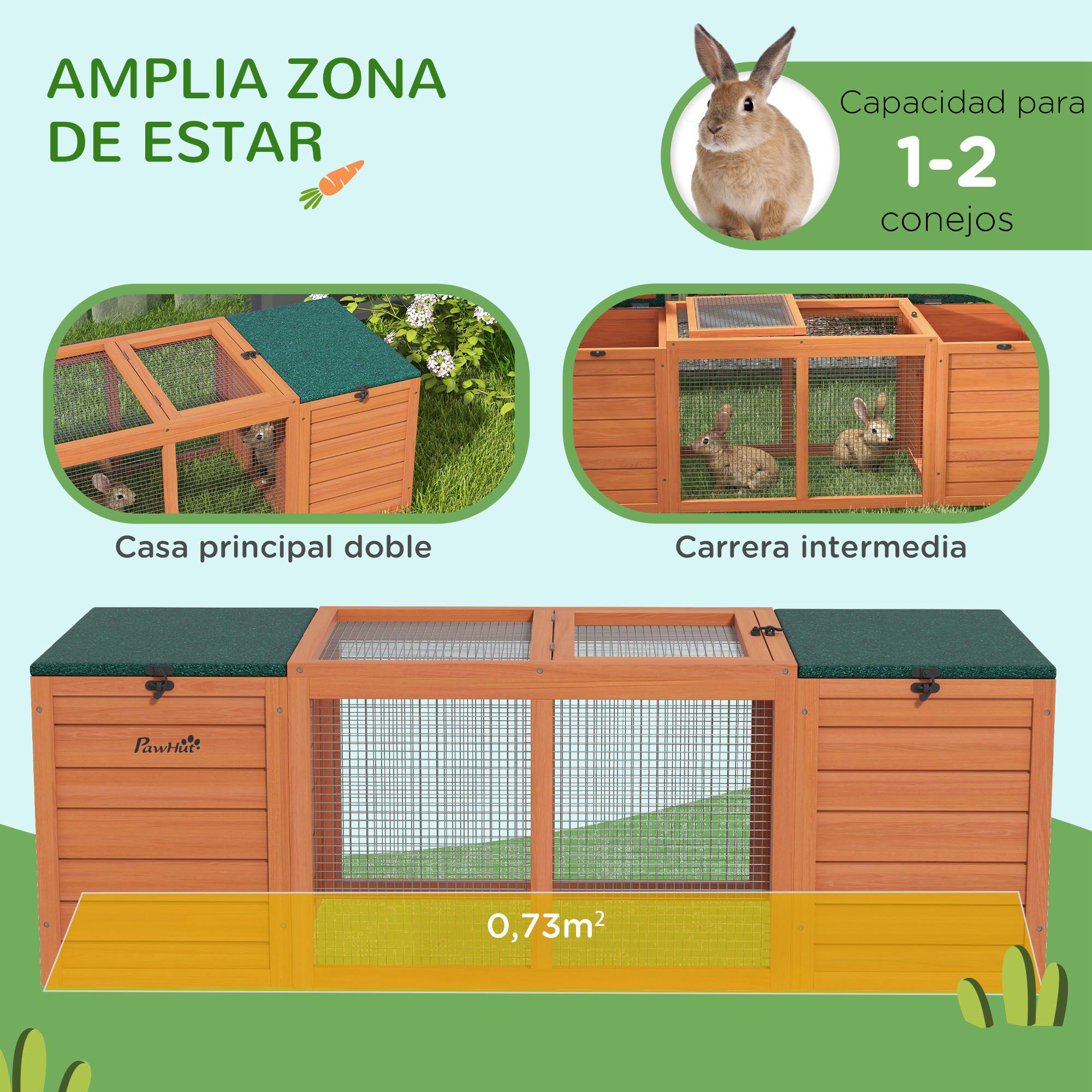 PawHut Conejera de Madera Jaula para Conejo con 2 Nidos 1 Puerta Superior Zona Abierta y Techo Asf&aacute;ltico para Exterior 140x52x46 cm Natural, , large Imagen numero 4