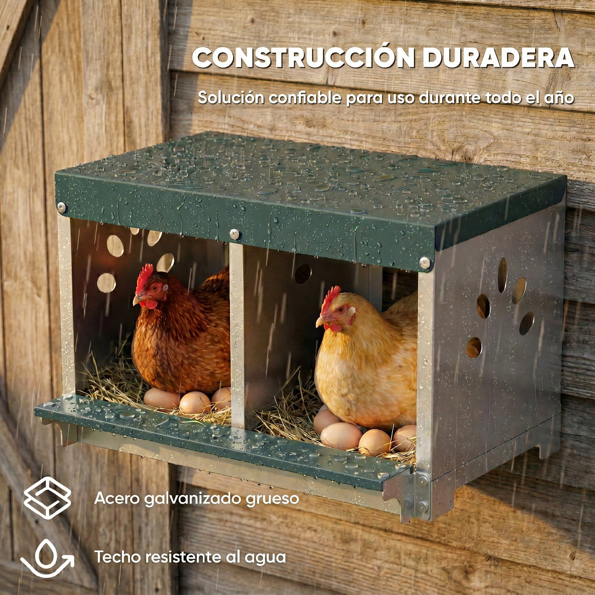 PawHut Ponedero para Gallinas de Acero Galvanizado con 2 Huecos, Caja Nido para 2 Gallinas con Techo Impermeable y Ventilaci&oacute;n, para Recoger los Huevos m&aacute;s Limpios, Plateado y Verde, , large Imagen numero 5
