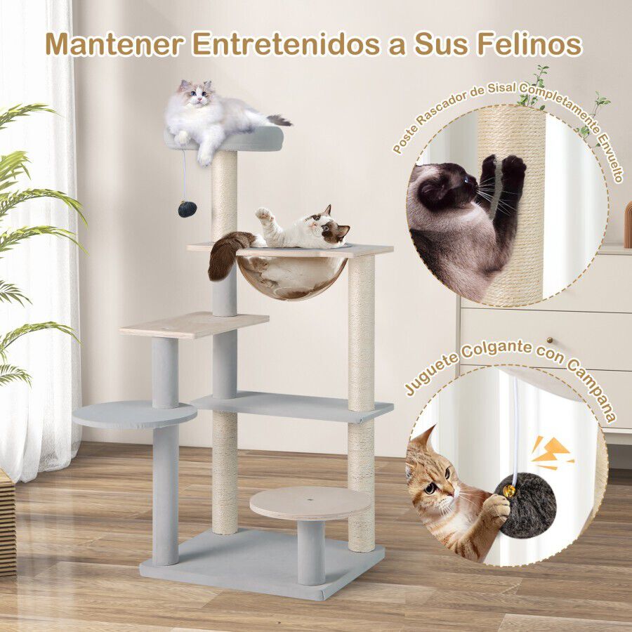 COSTWAY &Aacute;rbol de Gato Moderno, Torre de Gato Multinivel de 113 cm con Perchero Acolchado Desmontable, Postes de Rascado de Sisal, Plataformas de Salto, Pelota Colgante, Centro de Actividades para Gatos, , large Imagen numero 5