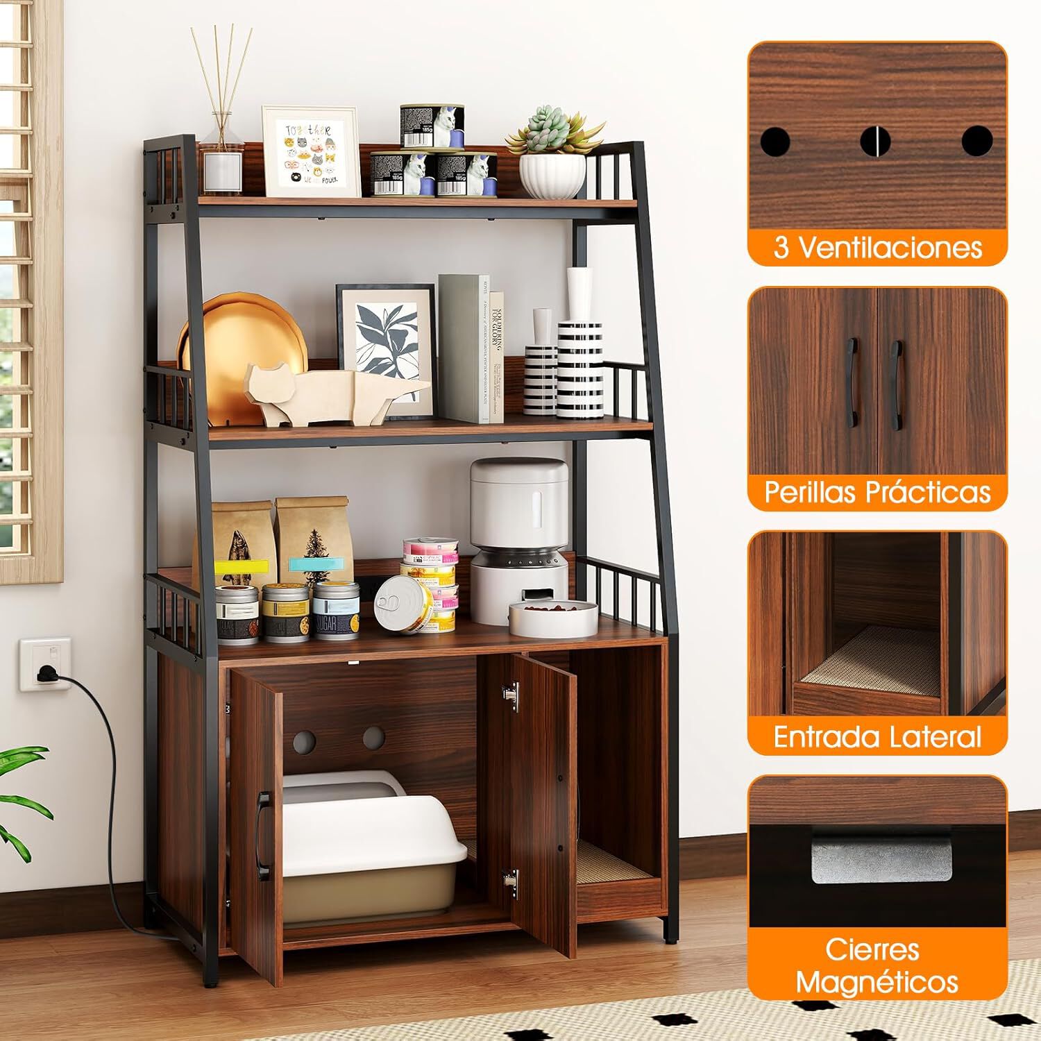 COSTWAY Armario para Gatos, Armario de Caja de Arena con Estantes de Almacenamiento, Almohadilla para Arañar, Estación de Carga, Mueble de Interior Resistente con Kit Antivuelco (Nogal) thumbnail