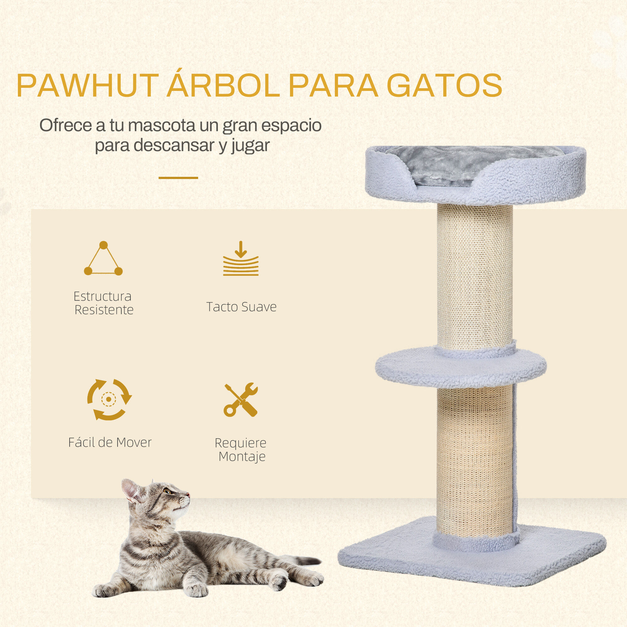 PawHut Árbol Rascador de 3 Niveles con Nido Plataforma y Poste de Sisal Azul Claro para Gatos thumbnail