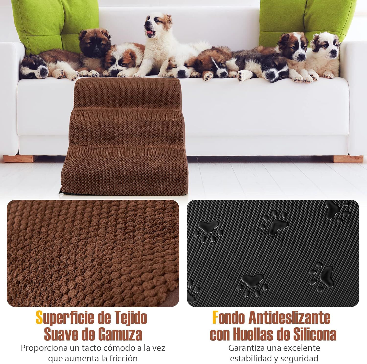 COSTWAY Rampa para Perros de 3 Niveles de Espuma, Pelda&ntilde;os para Perros Antideslizantes con Esponja de Alta Densidad, Huellas de Silicona, Escalera Suave para Perros Peque&ntilde;os y Mayores, Color Caf&eacute;, , large Imagen numero 3