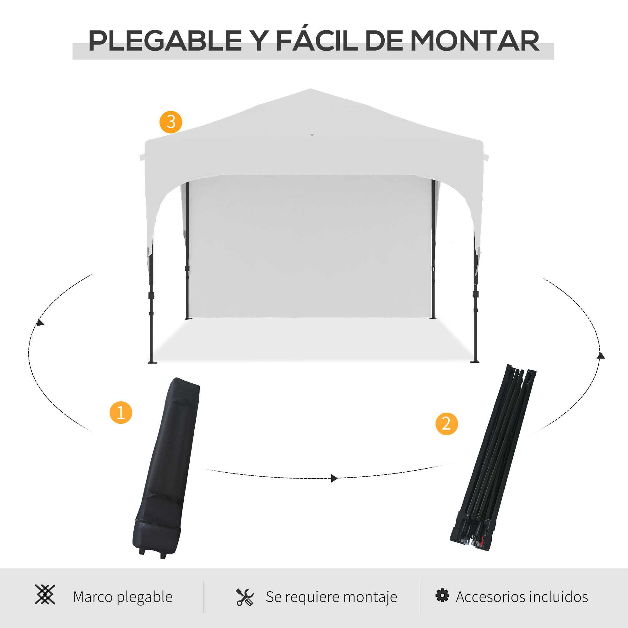 Outsunny Carpa Plegable 3x3 m Cenador de Jard&iacute;n con Altura Ajustable 1 Pared Lateral Impermeable 4 Bolsas de Arena y Bolsa de Transporte Gazebo para Exterior Patio Fiestas Blanco, , large Imagen numero 4