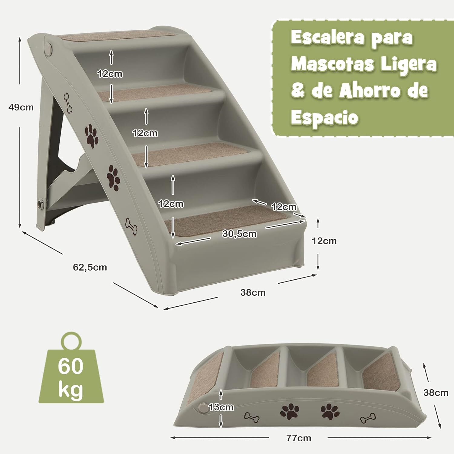 COSTWAY Escalera de Pl&aacute;stico Plegable para Mascotas, Escalera de Pl&aacute;stico con 4 Pelda&ntilde;os para Interior y Exterior, con Fieltro Blando, Ideal para Mascotas de Talla Peque&ntilde;a y Mediana (Gris), , large Imagen numero 4