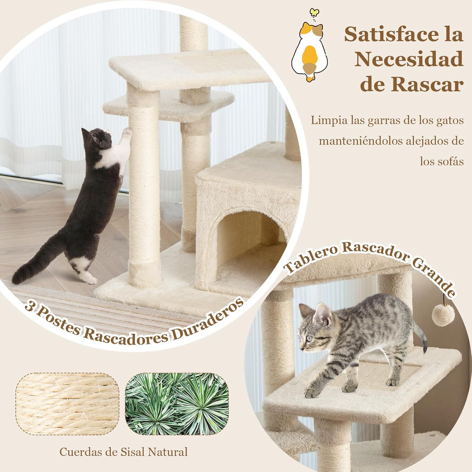 COSTWAY Árbol para Gatos de 4 Niveles, Torre para Gatos con Postes para Rascar, Plataforma Superior de Felpa, Condominio para Gatos, Área de Juegos para Gatitos, árbol de Actividad Interior (Beige) thumbnail