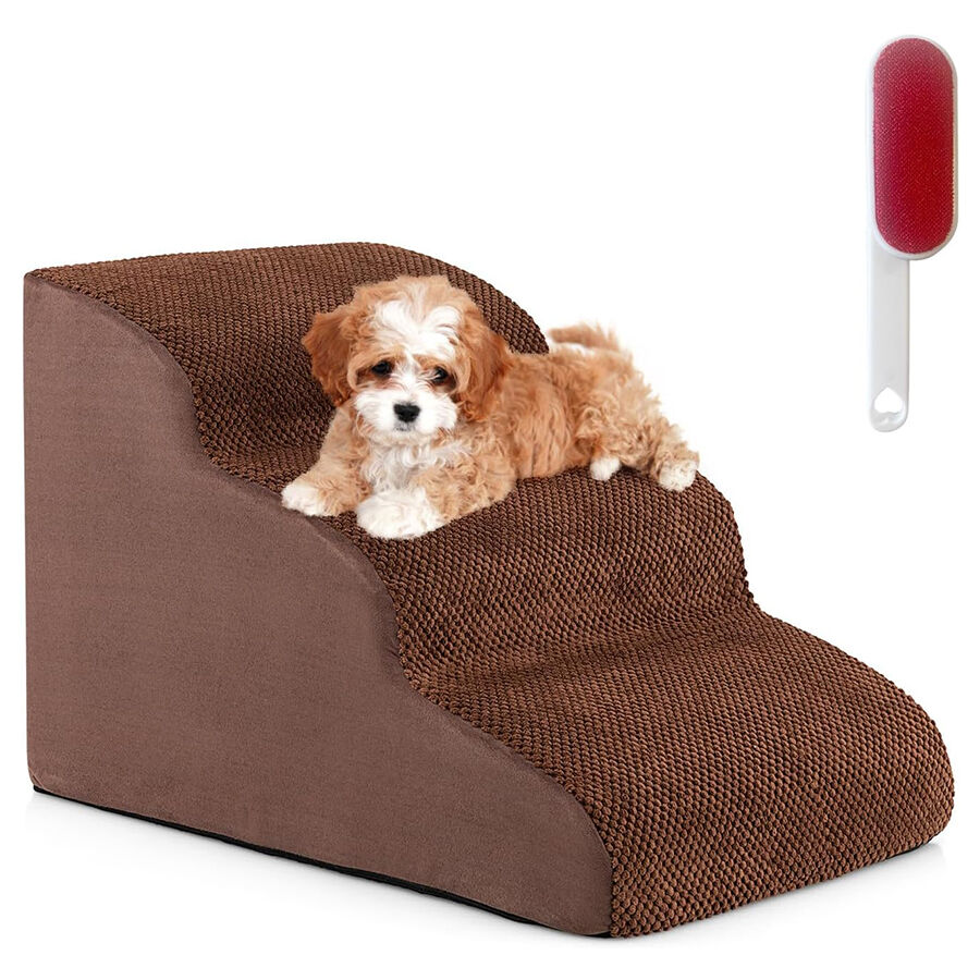 COSTWAY Rampa para Perros de Espuma de 4 Niveles, Escalera para Mascotas con Funda Lavable, Escala para Perros con Huellas de Silicona Pelda&ntilde;os Antideslizantes para Sof&aacute;s Altos (marr&oacute;n 4 escaleras), , large Imagen numero 1