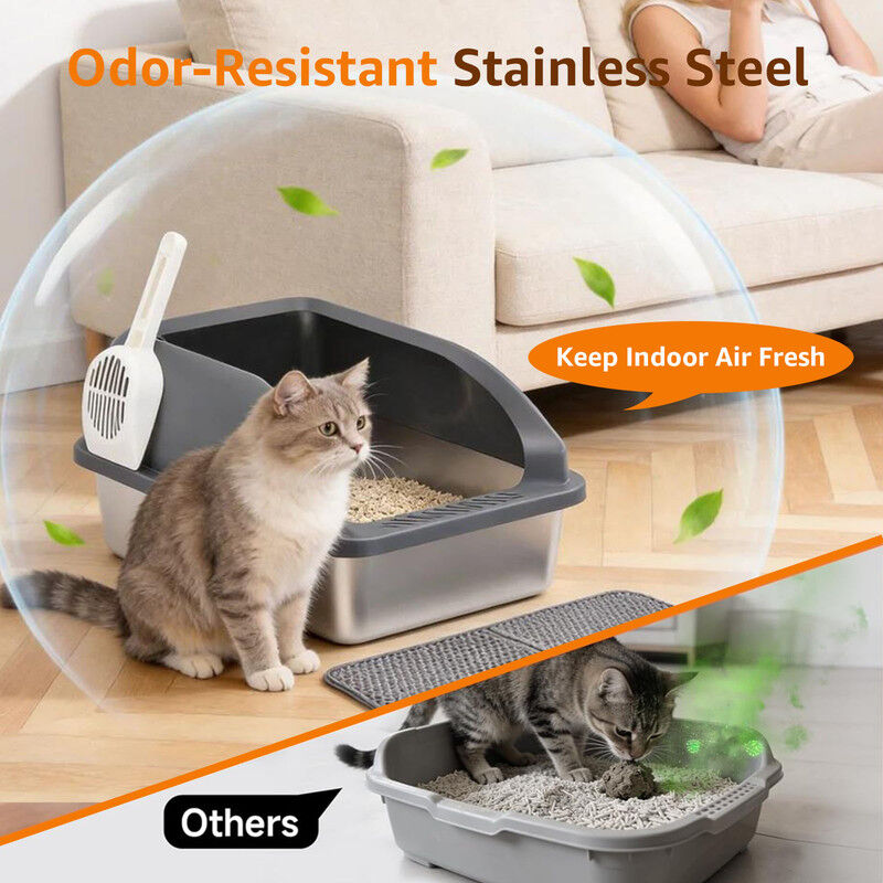 Nobleza Arenero de Acero Inoxidable para Gatos XL 61*40cm, Caja de Arena con Paredes Altas Anti-Salpicaduras, Kit con Alfombra de Doble Capa y Pala, Higi&eacute;nico, Sin Olores, Gris Plata, , large Imagen numero 4