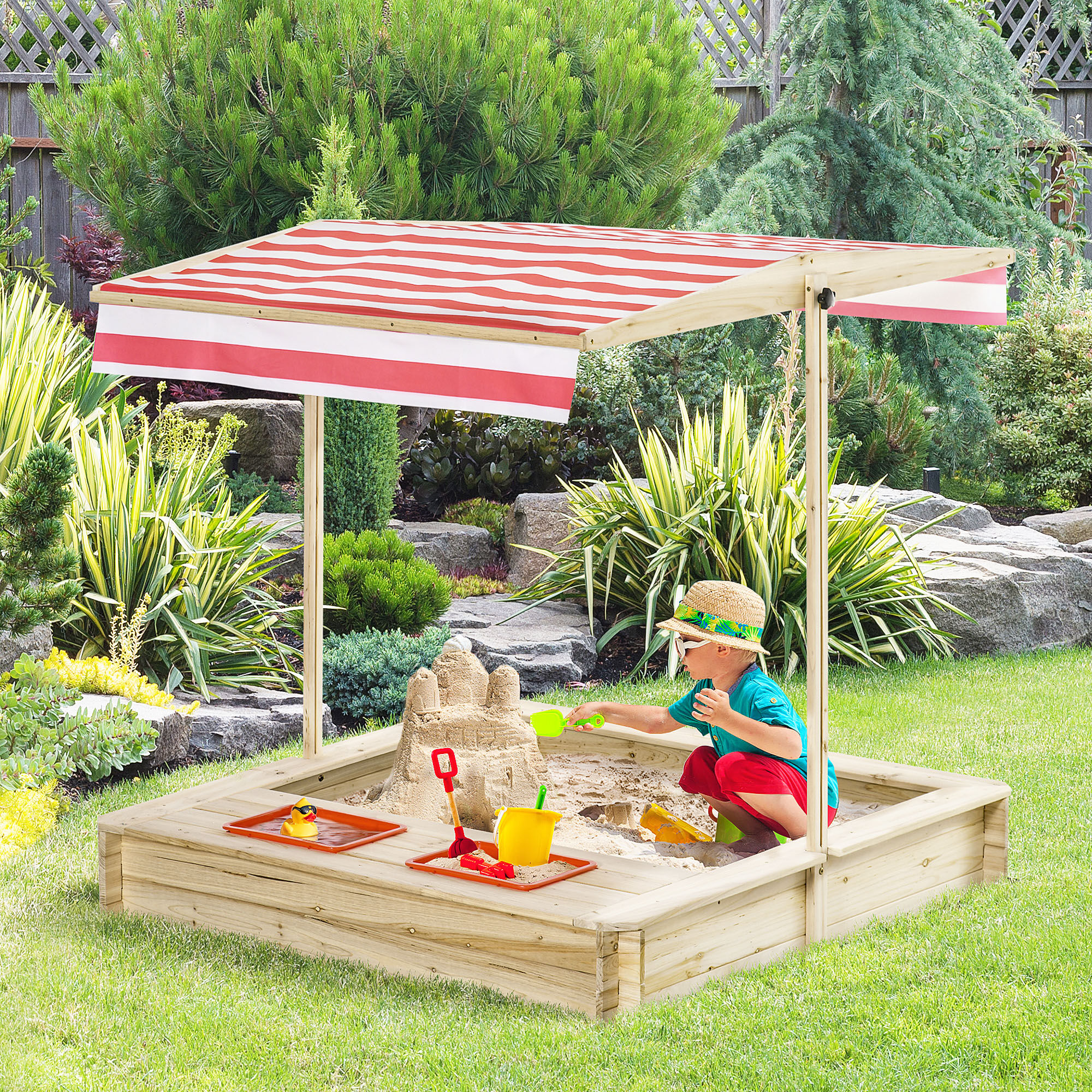 Outsunny Arenero Infantil de Madera con Techo Inclinable Ajustable en Altura y 2 Bandejas Auxiliares Caj&oacute;n de Arena de Jard&iacute;n para Ni&ntilde;os +3 A&ntilde;os 118x118x118 cm Natural y Rojo, , large Imagen numero 2