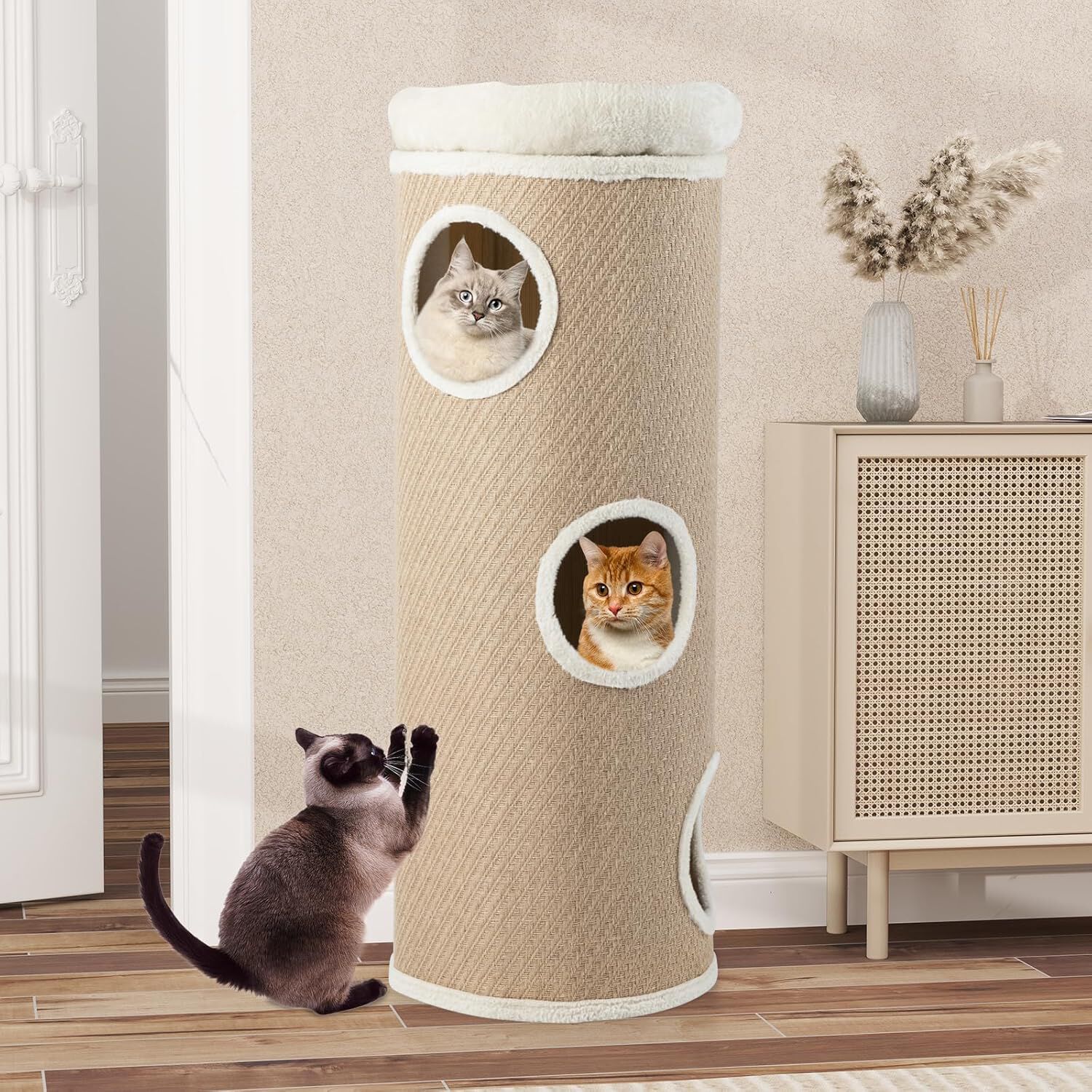 COSTWAY Barril Rascador de 4 Niveles, Poste rascador para Gatos para M&uacute;ltiples Gatos con Cama de Percha Removible, Tablero Rascador de Sisal, Estera de Bamb&uacute; para Gato de Interior (De Yute), , large Imagen numero 2