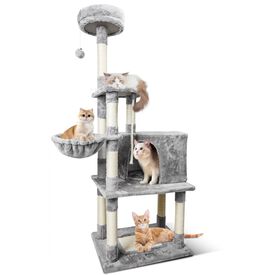 Nobleza - Árbol Rascador para Gatos Grande de 168 cm - Postes de Sisal, Plataformas Múltiples y Nido Colgante - Incluye 9 Postes Rascadores y Pelotas de Felpa - Ideal para Gatos Grandes (Color Gris)