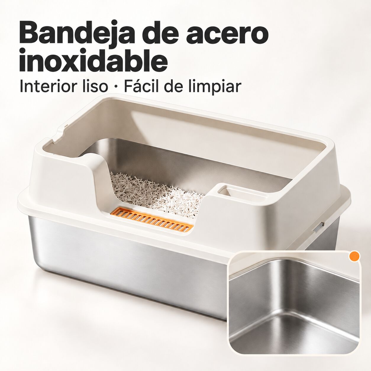 Arenero XL de acero inoxidable para gatos con bordes altos, blanco roto, 60 &times; 40 &times; 27 cm, , large Imagen numero 4