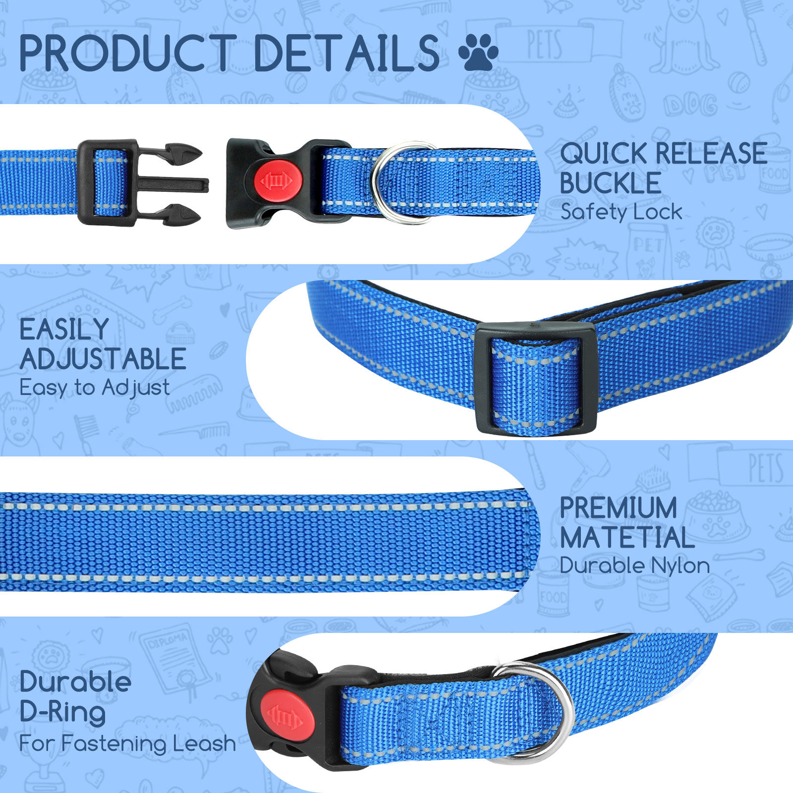 Nobleza - 2&times; Collar Perro, Collar Nylon Reflectante Suave Acolchado para Perros, Ajustable Collar Perro Peque&ntilde;o con Cerradura de Seguridad, Collares de Entrenamiento para Perros (S, Azul), , large Imagen numero 3
