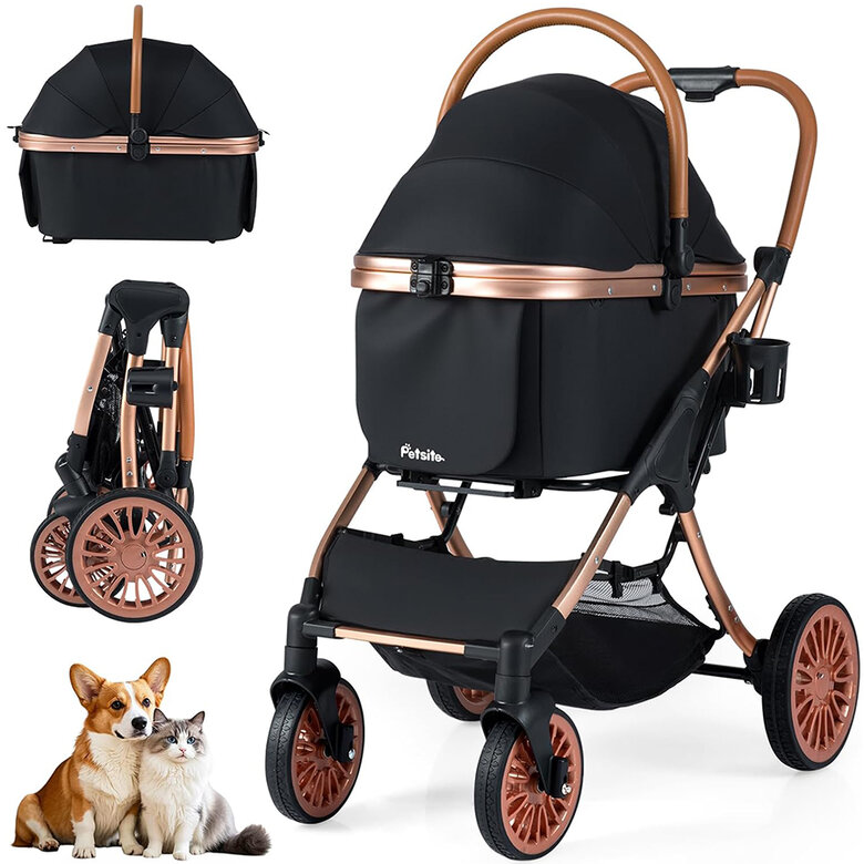 COSTWAY Cochecito para Perros 3 en 1, Carrito para Perros Plegable con Transportín Removible, Sombra Solar, Almohadilla Extraíble, Cinturón de Seguridad, Cesta y Portavasos, Carro Mascotas, Carga 25kg