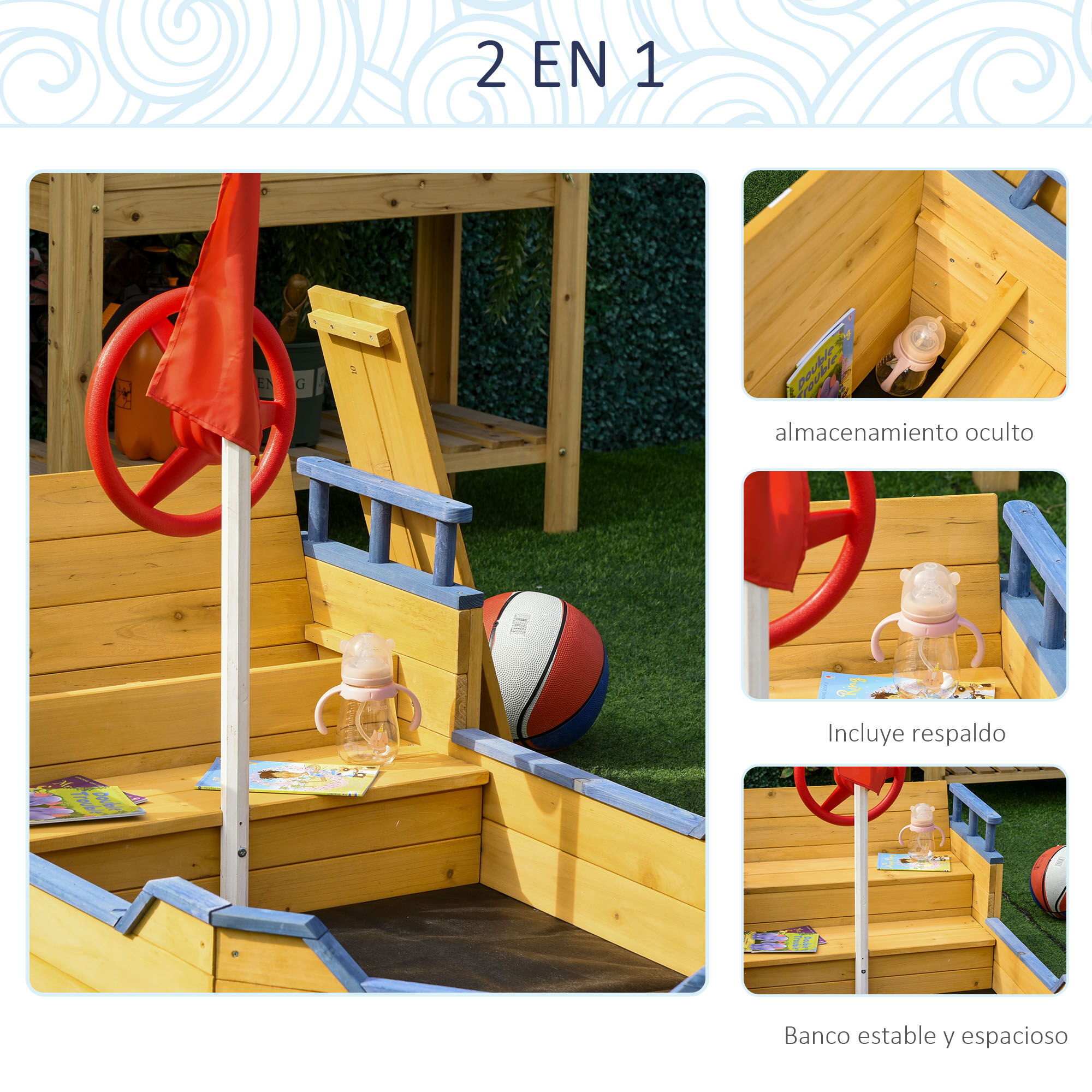 Outsunny Arenero Infantil de Madera Dise&ntilde;o de Gale&oacute;n con 2 Escalones Banco con Almacenaje Bandera y Tim&oacute;n Caj&oacute;n de Arena de Jard&iacute;n para Ni&ntilde;os de +3 A&ntilde;os 158x78x45,5 cm Natural, , large Imagen numero 5