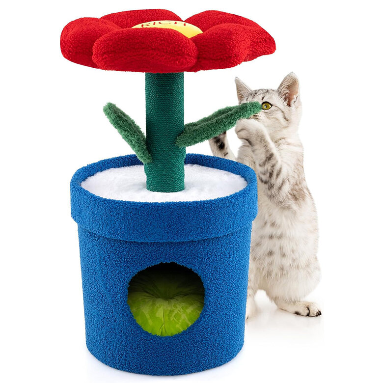 COSTWAY Cama para Gatos con Forma de Flor, Condominio de Mascotas de Interior con Rascador de Sisal, Posadero Acolchado Lavable, Diseño de Maceta, Ideal para Gatitos (Rojo)