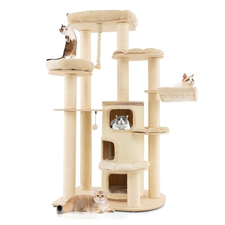 COSTWAY Árbol para Gatos Altura 173 cm, Torre para Gatos de Madera con Condo de 3 Pisos, Postes para Rascar, 2 Plataformas, Cuerda Colgante, Centro de Actividades para Gatos (Beige)