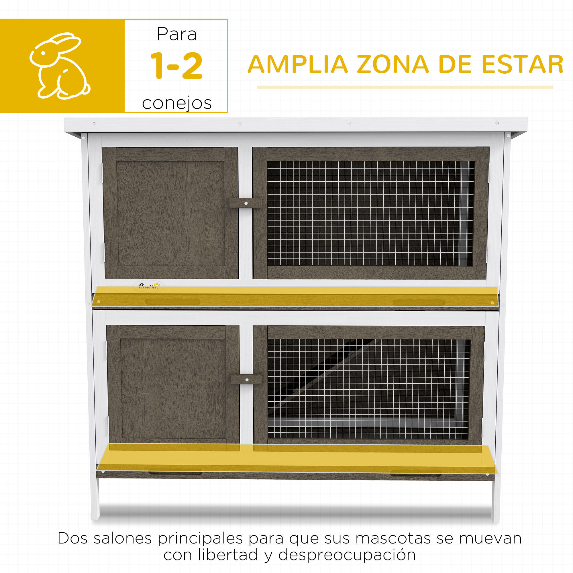 PawHut Conejera de Madera Jaula para Conejos de 2 Pisos 97x44x91 cm con Techo Asf&aacute;ltico Puertas con Pestillo Bandejas Extra&iacute;bles y Rampa para 2 Conejos Marr&oacute;n, , large Imagen numero 5