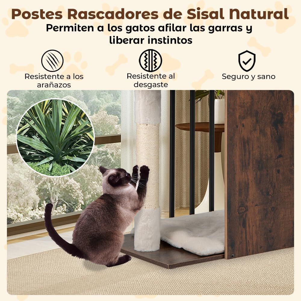 COSTWAY &Aacute;rbol Rascador para Gato de Madera de 112 cm, Torre Rascador para Gatos con Postes Rascadores de Sisal, Bolas Colgantes, Cojines de Felpa Extra&iacute;bles y Lavables, Mueble para Gato de 3 Niveles, , large Imagen numero 4