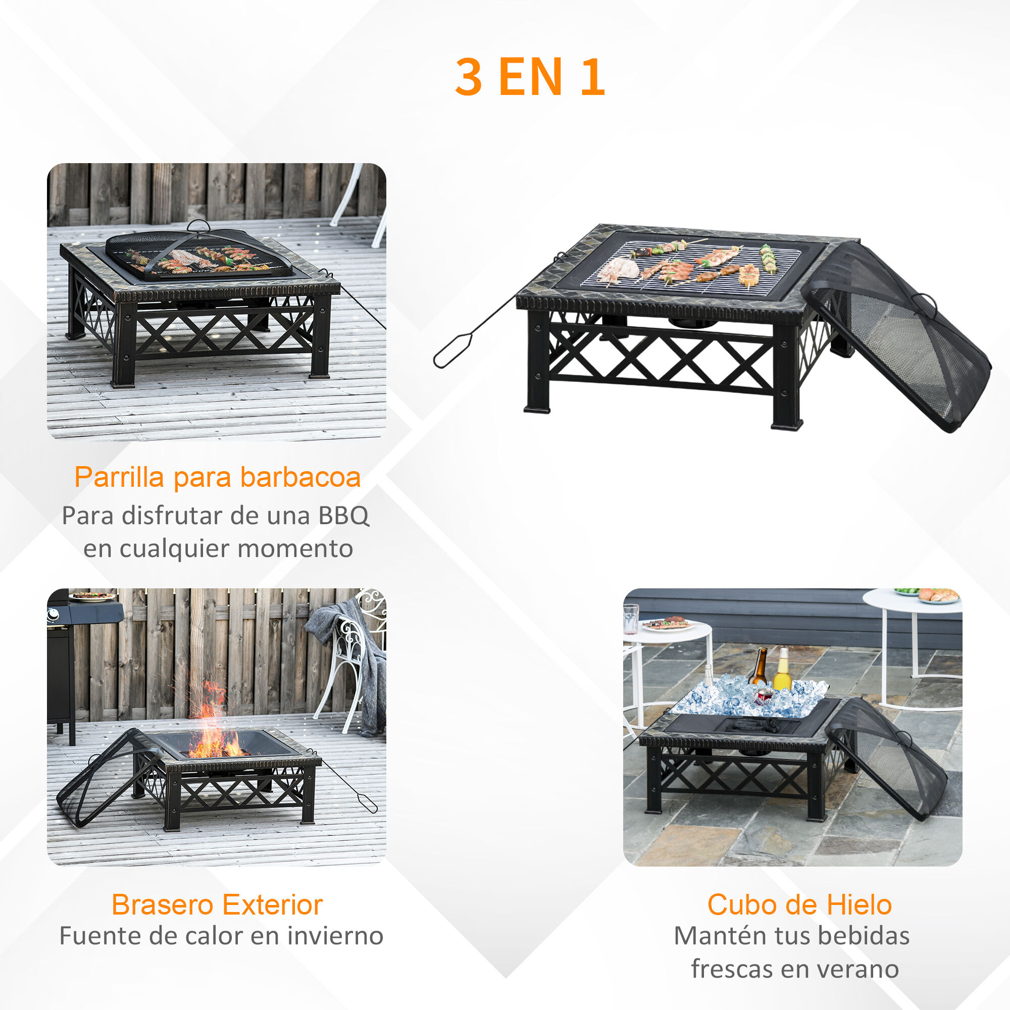 Outsunny Brasero Exterior Calentador de Fuego 76x76x47 cm Multifuncional 3 en 1 Cuadrada Nuevo Estilo Cubo de Hielo para Calefacci&oacute;n Barbacoa Terraza Jard&iacute;n Negro, , large Imagen numero 4