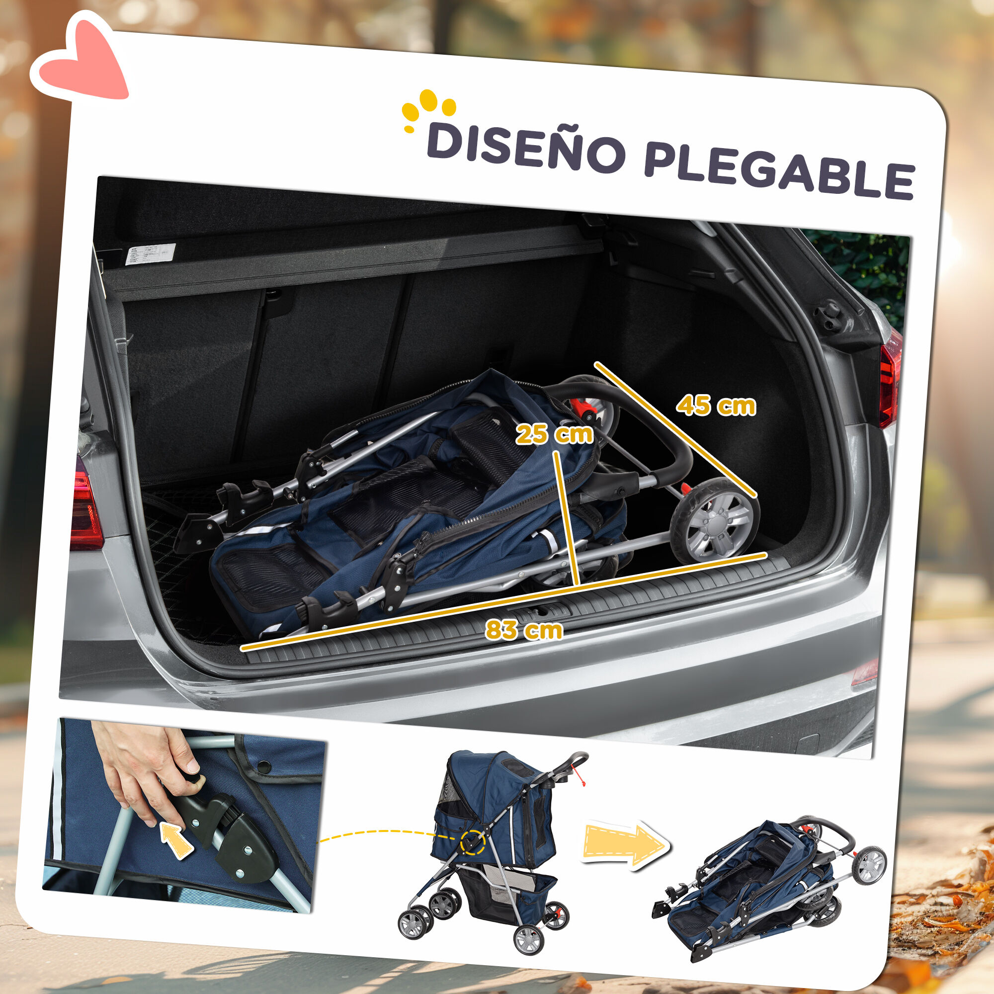 PawHut Carrito para Perros Plegable Cochecito para Mascotas Carrito para Perros Peque&ntilde;os con Toldo Ajustable Cesta de Almacenaje Ventanas de Malla Portavasos y 2 Ruedas 75x45x97 cm Azul Oscuro, , large Imagen numero 5