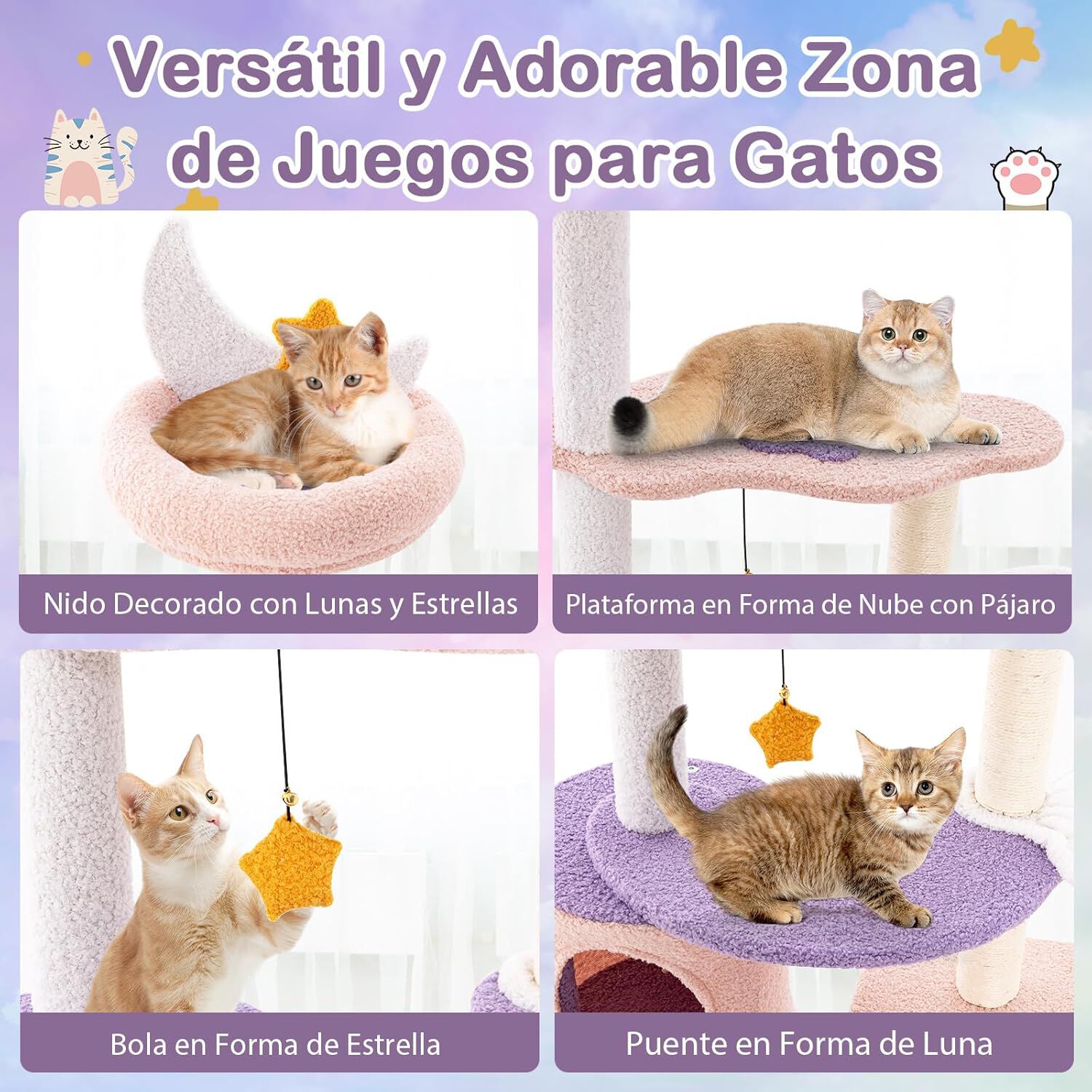 COSTWAY &Aacute;rbol para Gatos de 140cm, Rascador para Gatos con Postes Rascadores de Sisal, Condo Espacioso, Hamaca Giratoria, Zonas de Juego y Juguetes Colgantes, Centro de Actividades para Gatos, , large Imagen numero 4